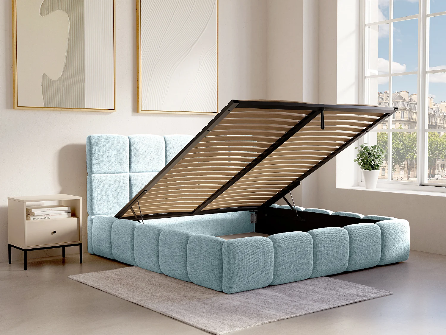 Bett mit Bettkasten - 200 x 200 cm - Strukturstoff - Hellblau + Matratze- DAMADO von Pascal Morabito