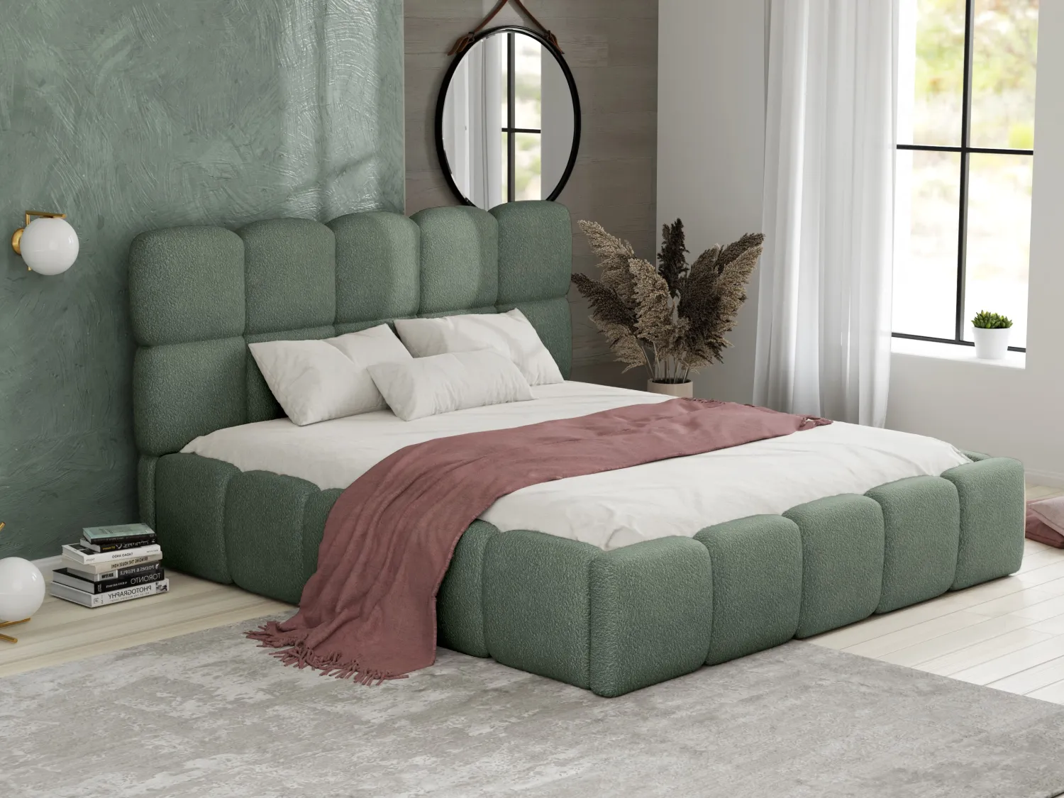 Letto con contenitore 160 x 200 cm Tessuto bouclette Verde acqua + Materasso - DAMADO di PASCAL MORABITO