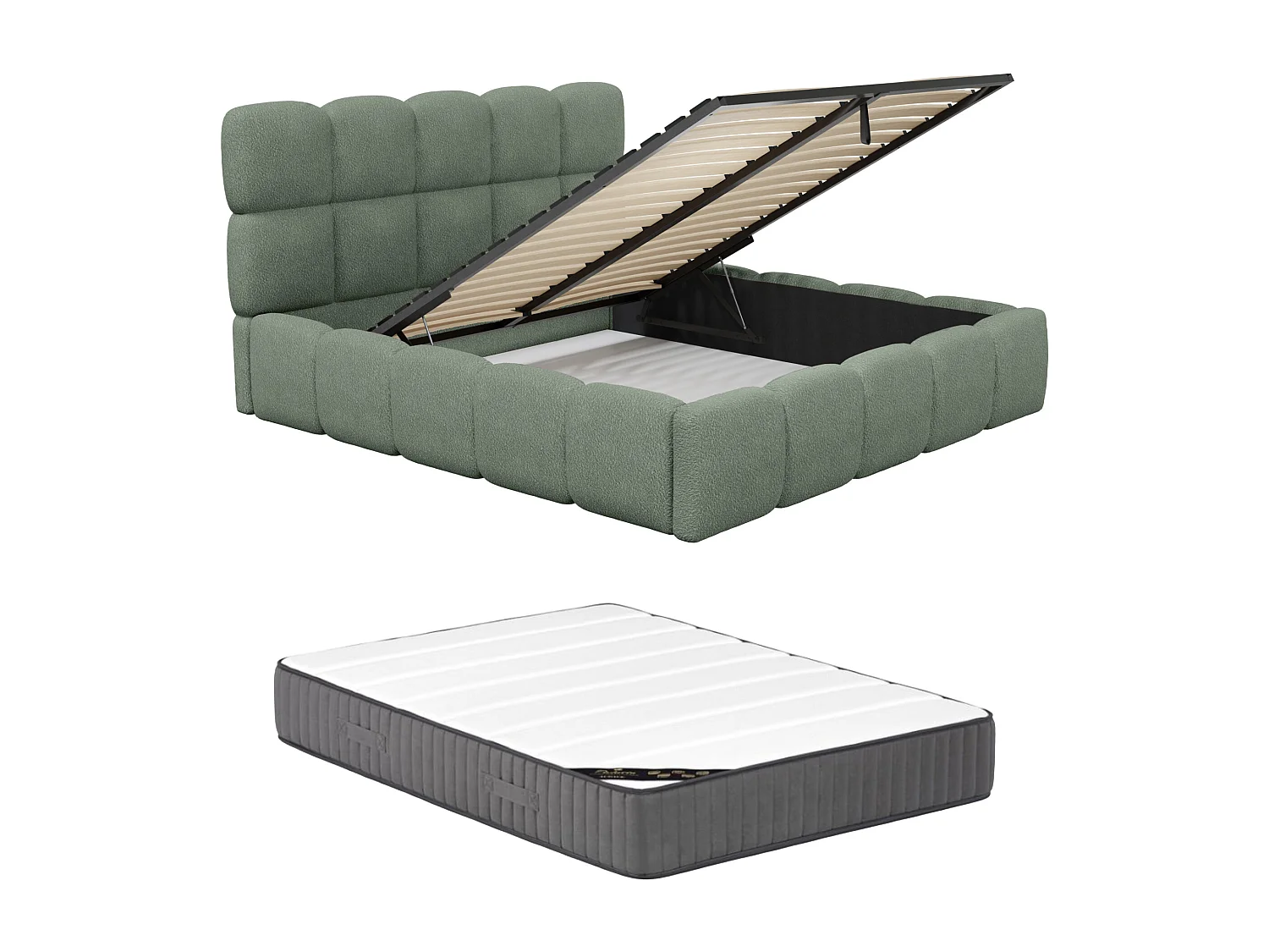 Lit coffre 160 x 200 cm - Tissu bouclette - Vert amande + Matelas - DAMADO de Pascal Morabito