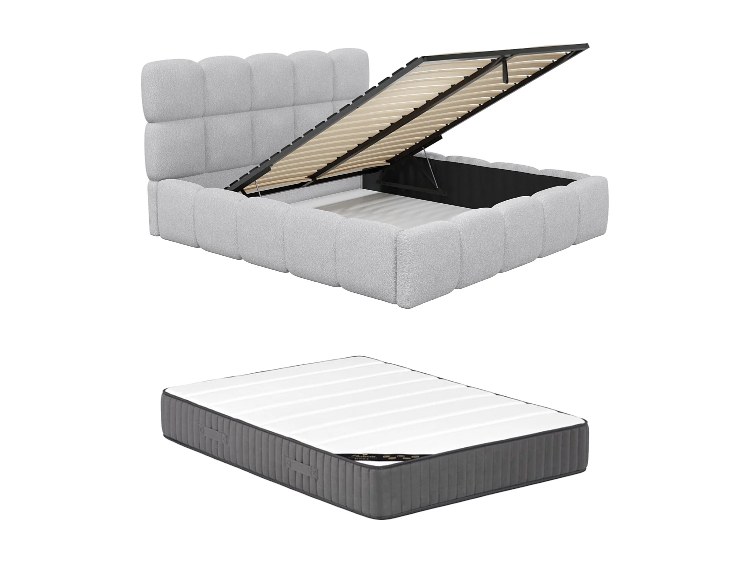 Letto con contenitore 160 x 200 cm Tessuto bouclette Grigio + Materasso - DAMADO di PASCAL MORABITO