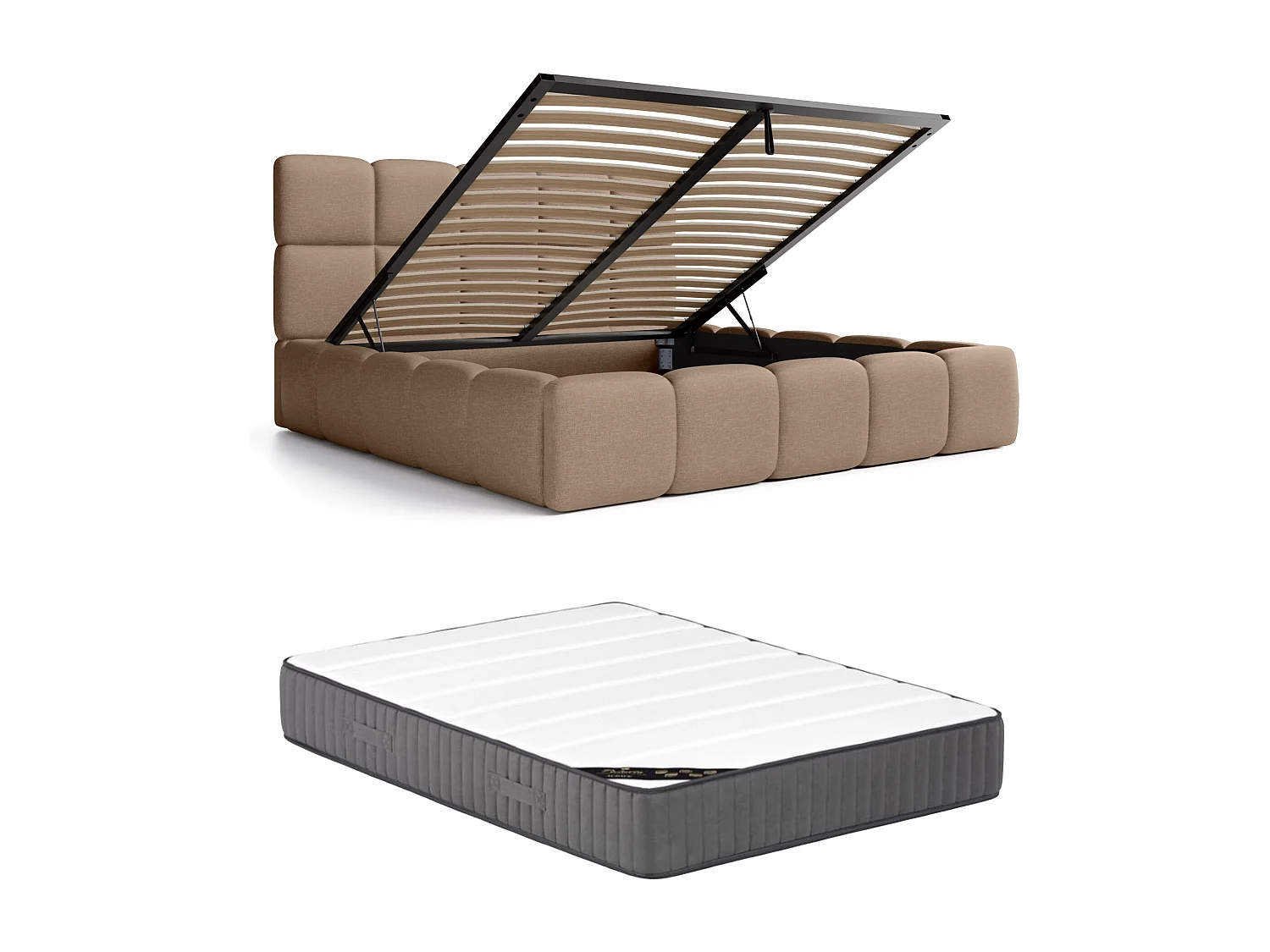 Łóżko ze skrzynią 160 x 200 cm - Melanżowa tkanina - Taupe + Materac - DAMADO marki Pascal Morabito