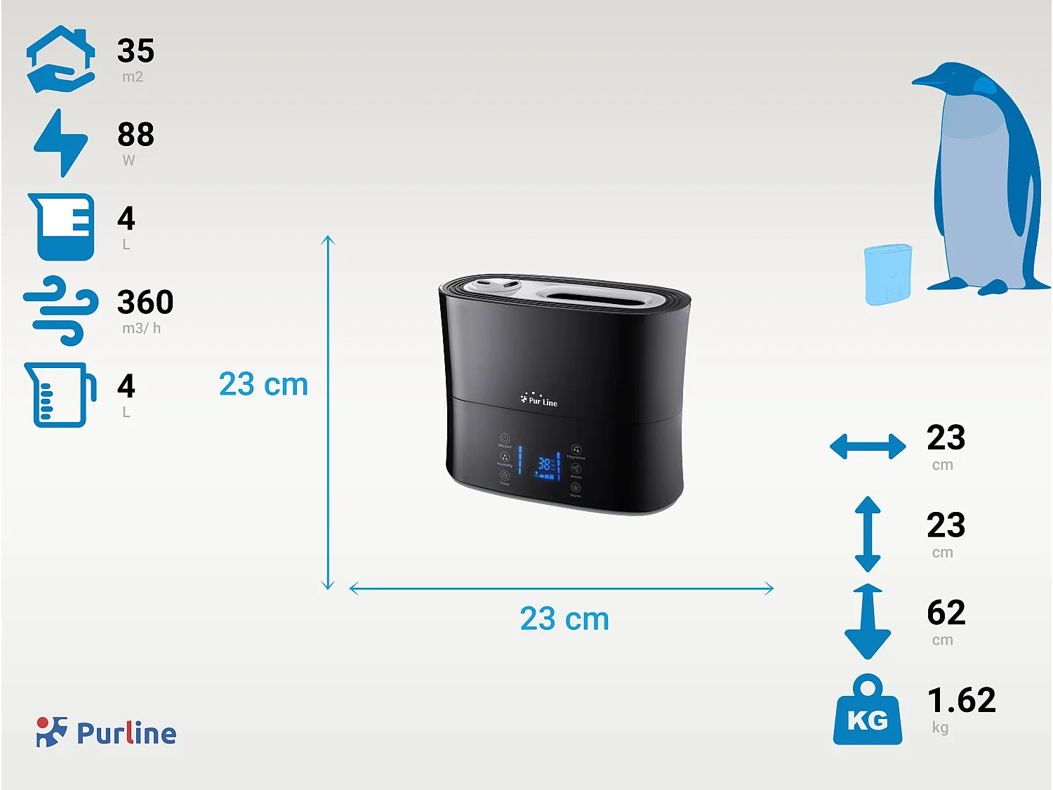 Humidificateur à ultrasons à vapeur chaude ou tiède pour 35 m²