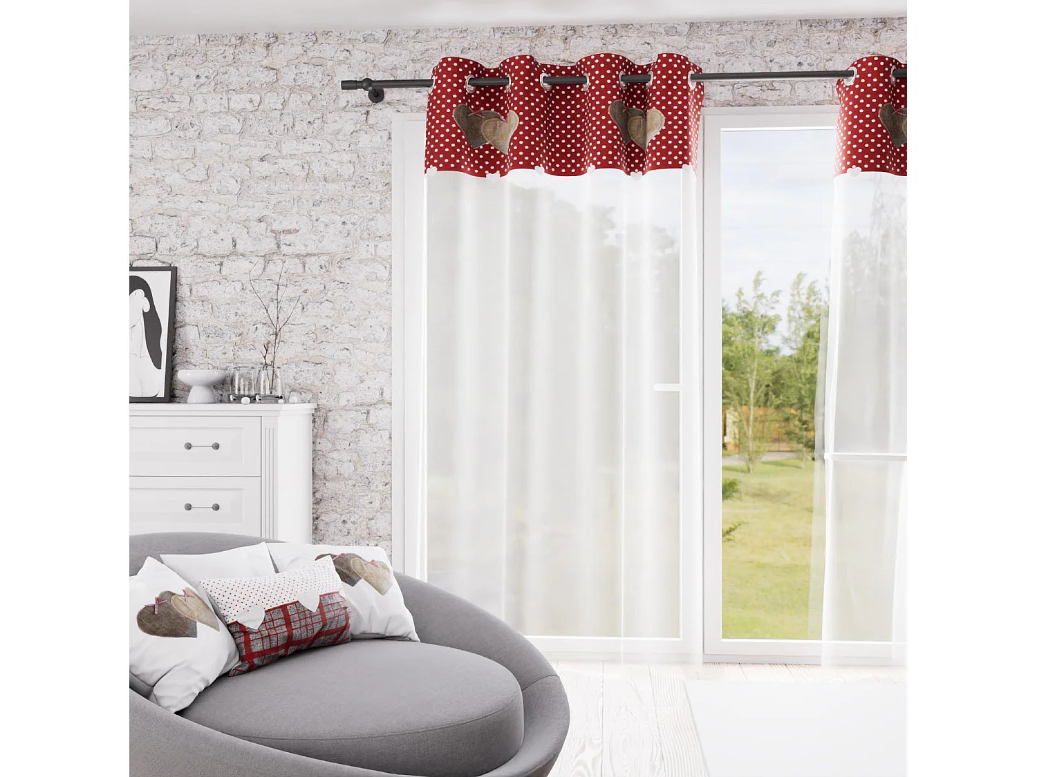 Visillo con ojales de algodón puro 135x250 cm LOVE rojo