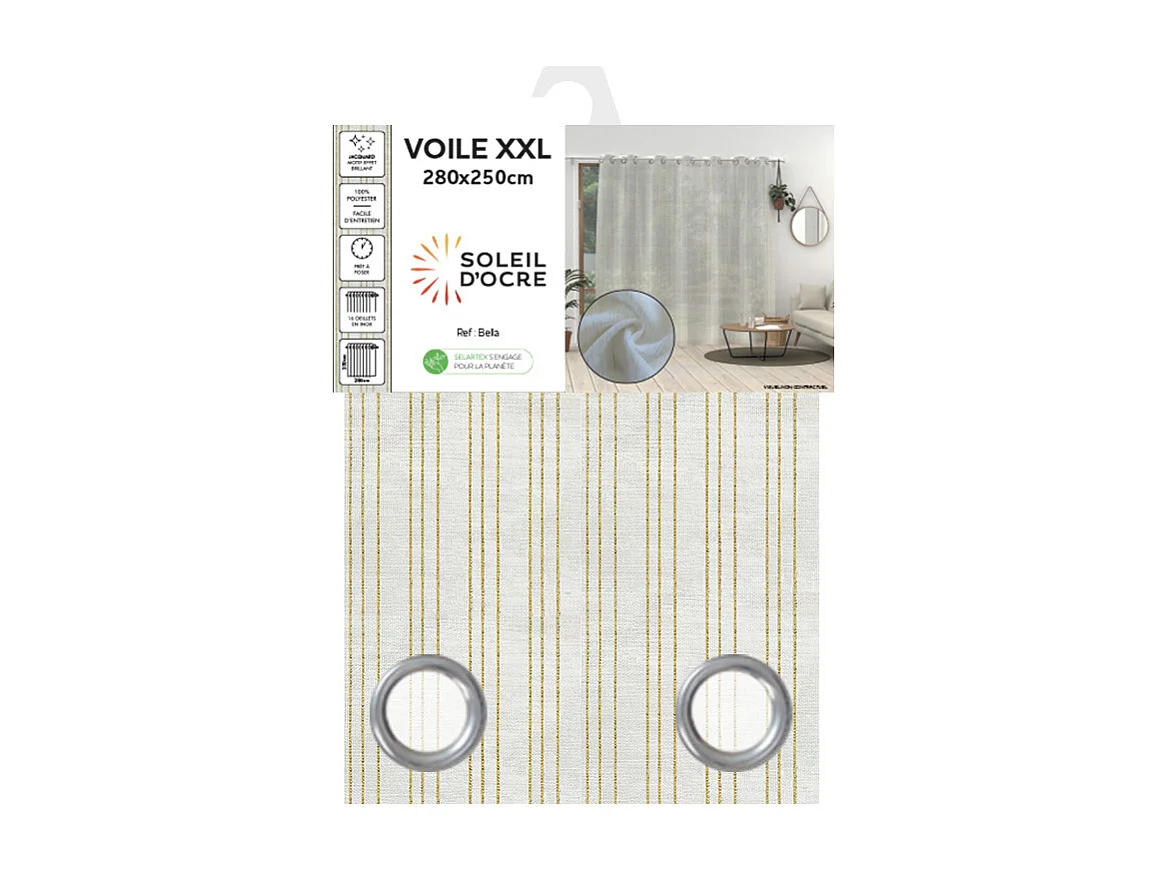 Voilage à oeillets baie vitrée 280x250 cm BELLA or, par Soleil d'ocre