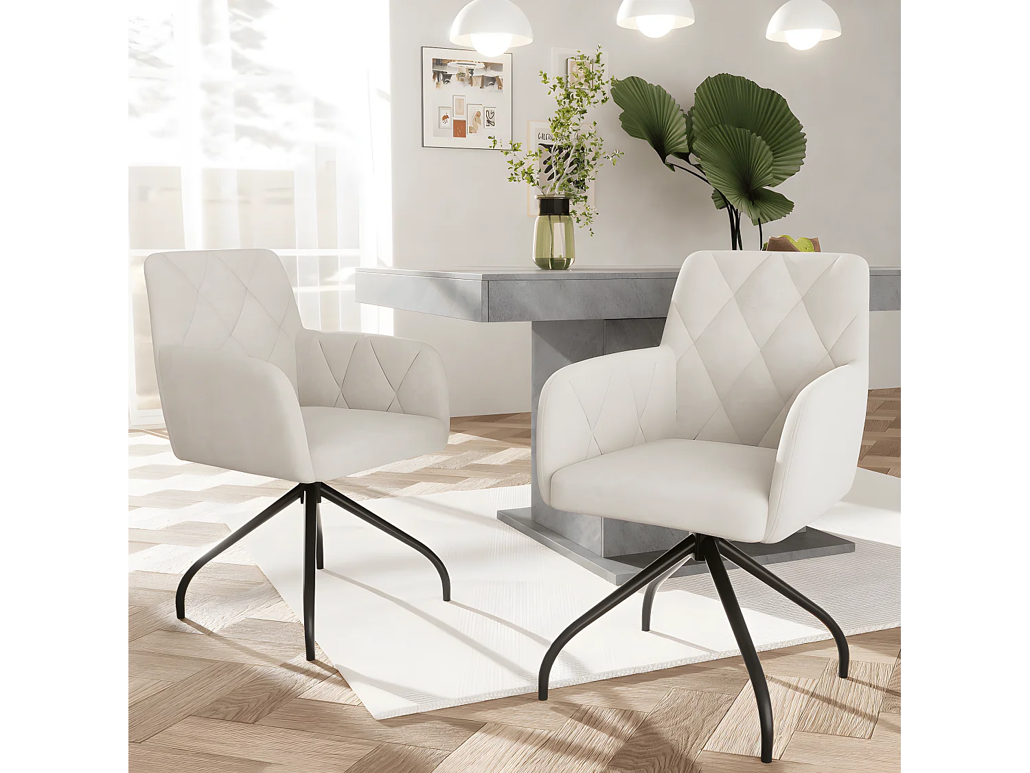 Lote de 2 sillas de comedor giratorias 360° con motivo de rombos, silla de salón moderna, beige