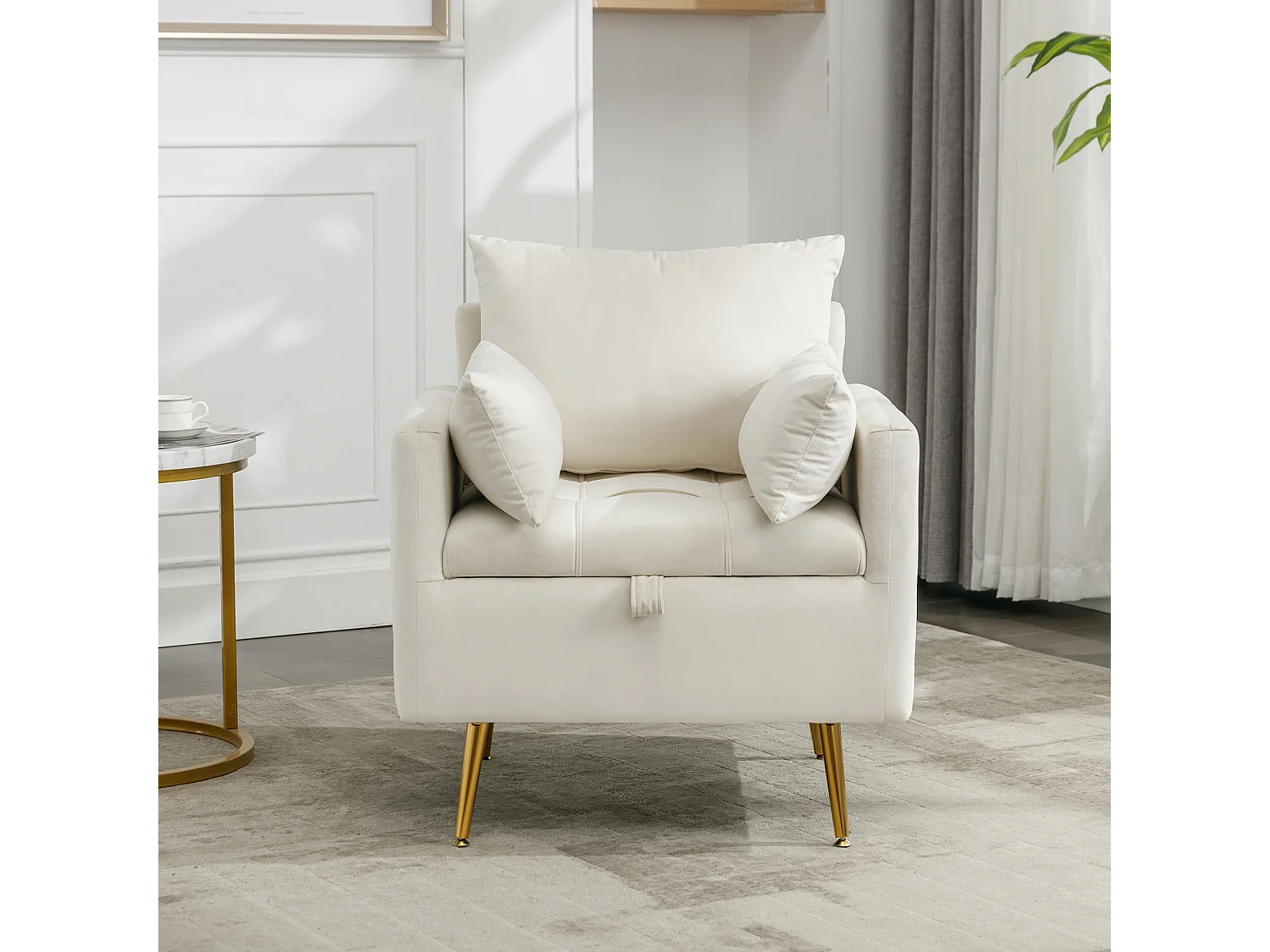 Sedia, poltrona e pouf moderni e minimalisti in velluto con contenitore, cuscini decorativi e gambe in metallo color oro