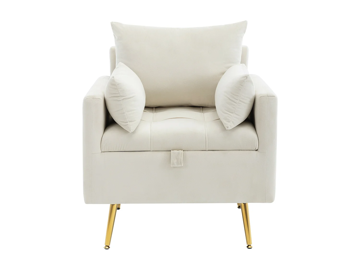 Sedia, poltrona e pouf moderni e minimalisti in velluto con contenitore, cuscini decorativi e gambe in metallo color oro