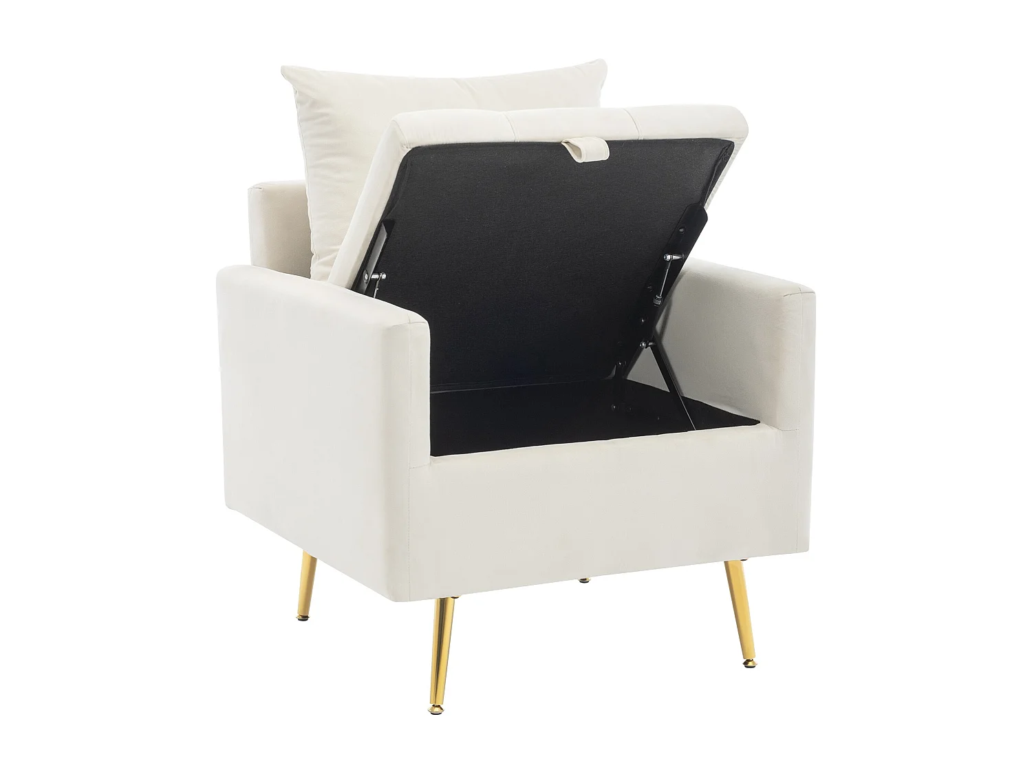 Sedia, poltrona e pouf moderni e minimalisti in velluto con contenitore, cuscini decorativi e gambe in metallo color oro