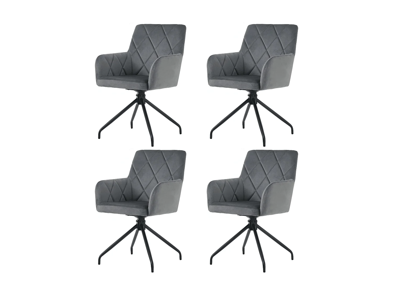 Lote de 4 sillas de comedor giratorias 360° con motivo de rombos, sillones tapizados, sillón moderno, terciopelo, gris antracita