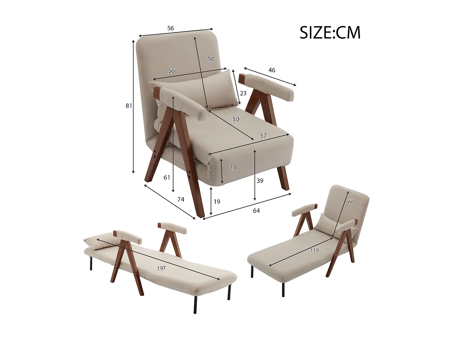 Sofá cama convertible con 6 ajustes, sillón plegable con cojines, asiento tapizado, chaise longue