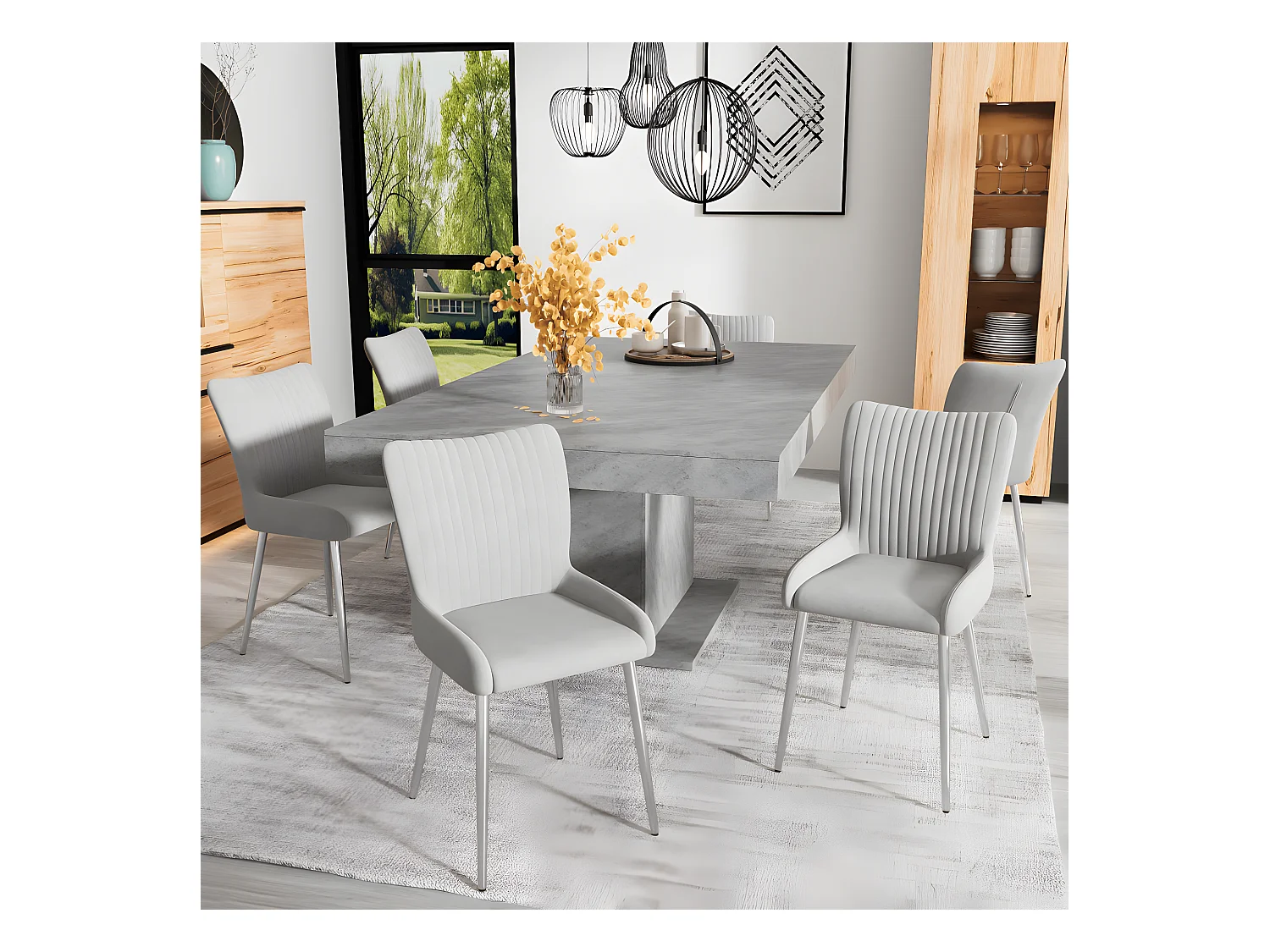 Chaise de salle à manger en velours, ensemble de 2, chaise de salon avec quatre pieds en métal argenté, gris
