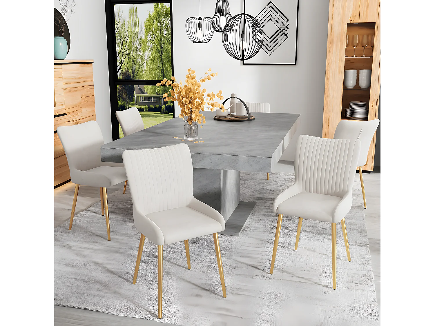 Esszimmerstuhl aus Samt, 6er-Set, Lounge Chair mit vier Beinen aus vergoldetem Metall, beige