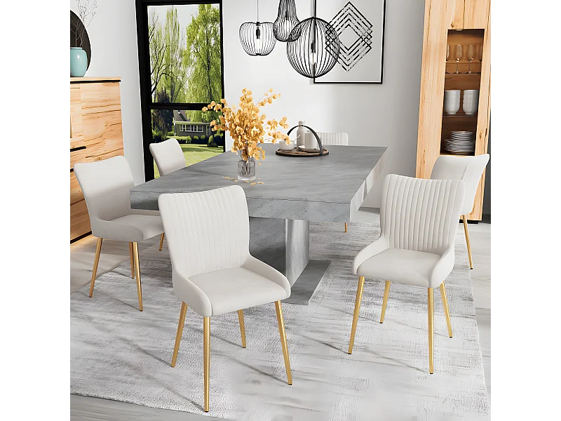 Esszimmerstuhl aus Samt, 6er-Set, Lounge Chair mit vier Beinen aus vergoldetem Metall, beige