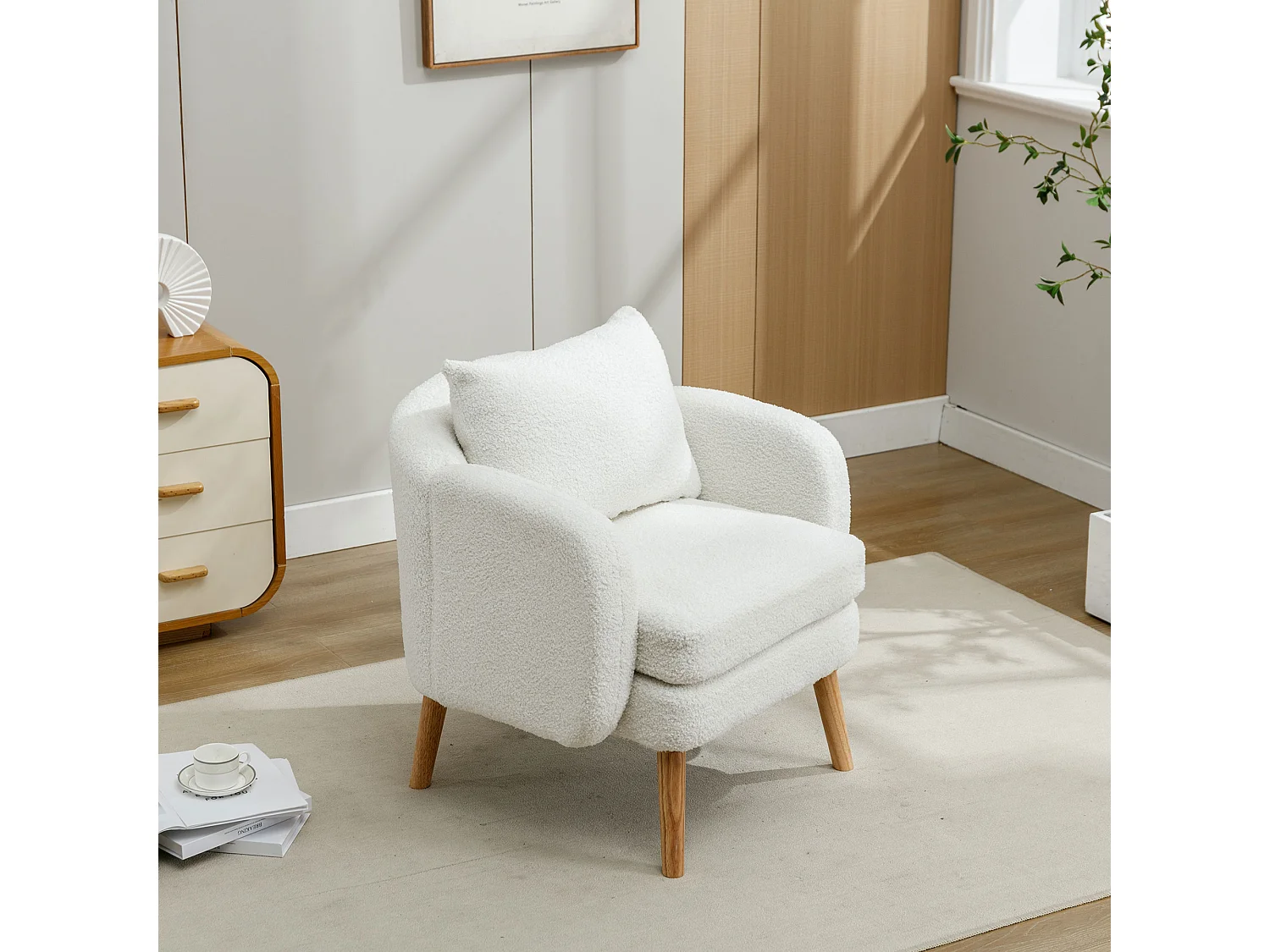 Einfacher moderner Sessel in Teddy-Velours (mit Kissen),Sessel mit extra dickem Kissen,Einfacher Sofasessel,Füße aus Massivholz.