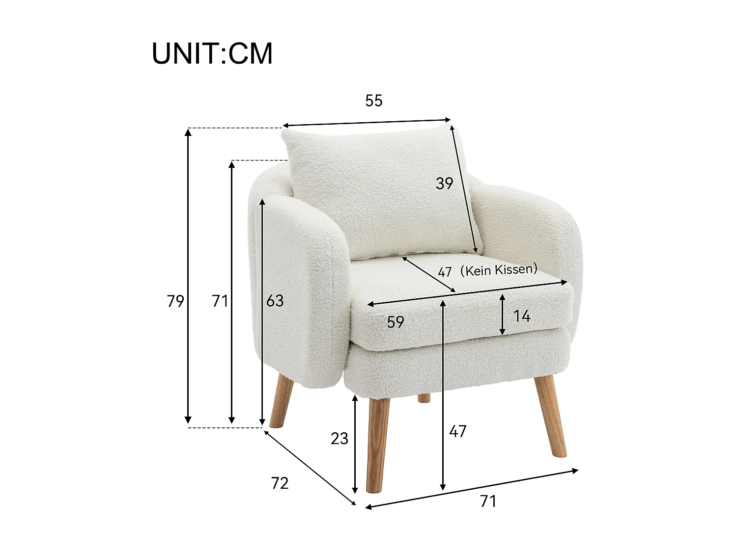 Einfacher moderner Sessel in Teddy-Velours (mit Kissen),Sessel mit extra dickem Kissen,Einfacher Sofasessel,Füße aus Massivholz.