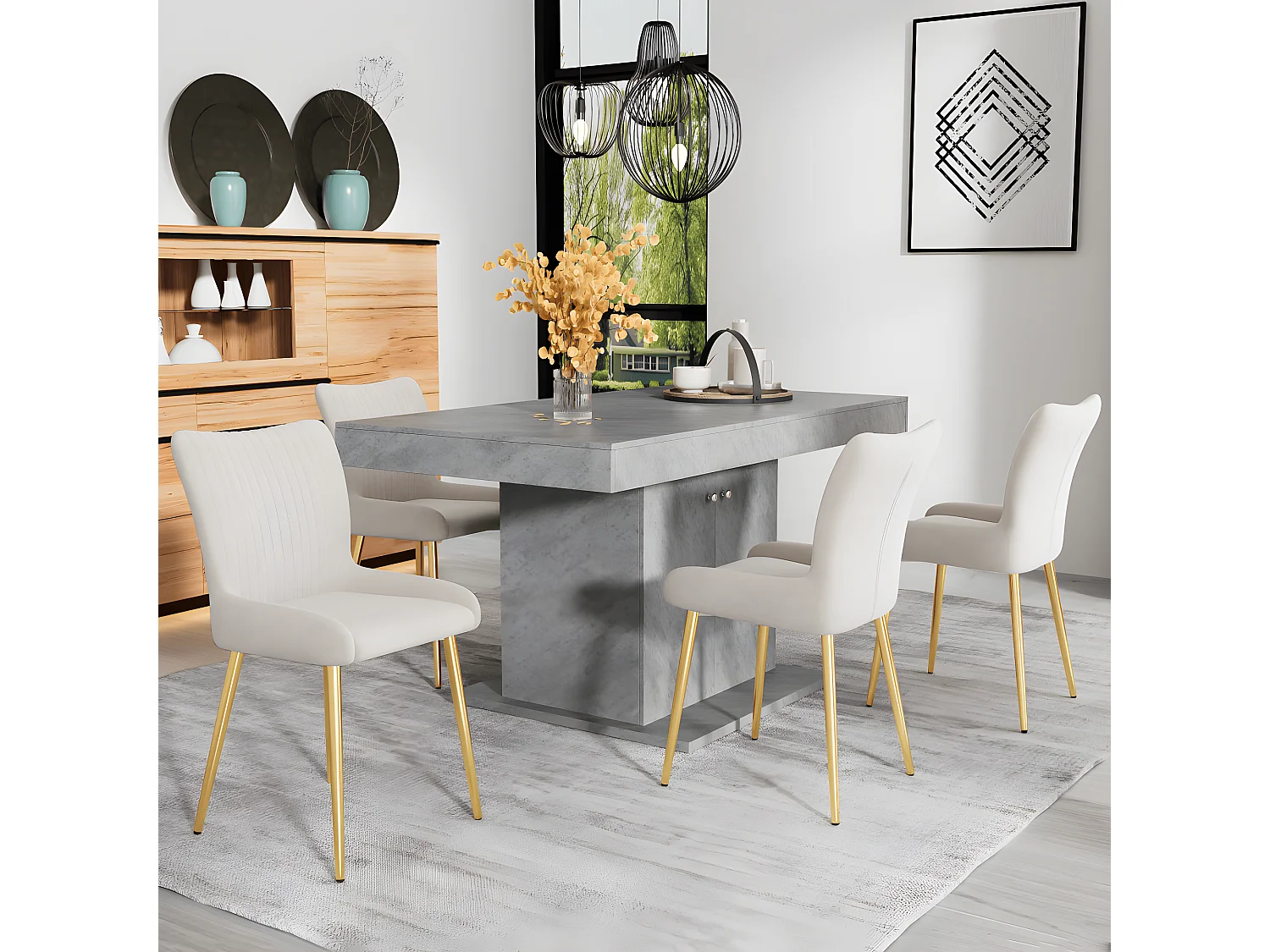 Silla de comedor de terciopelo, lote de 2, chaise longue con cuatro patas de metal dorado, beige