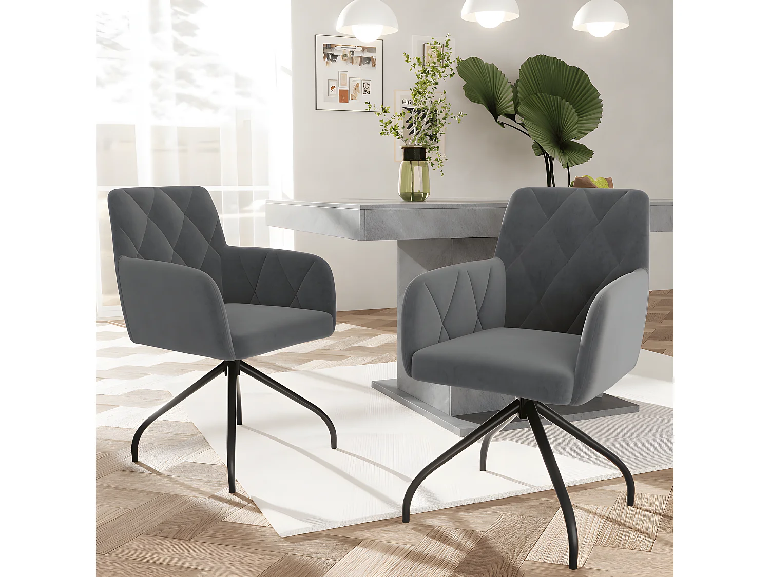 Set di 6 sedie da pranzo girevoli a 360° con motivo a rombi, poltrone imbottite, poltrona lounge moderna, velluto, grigio antracite