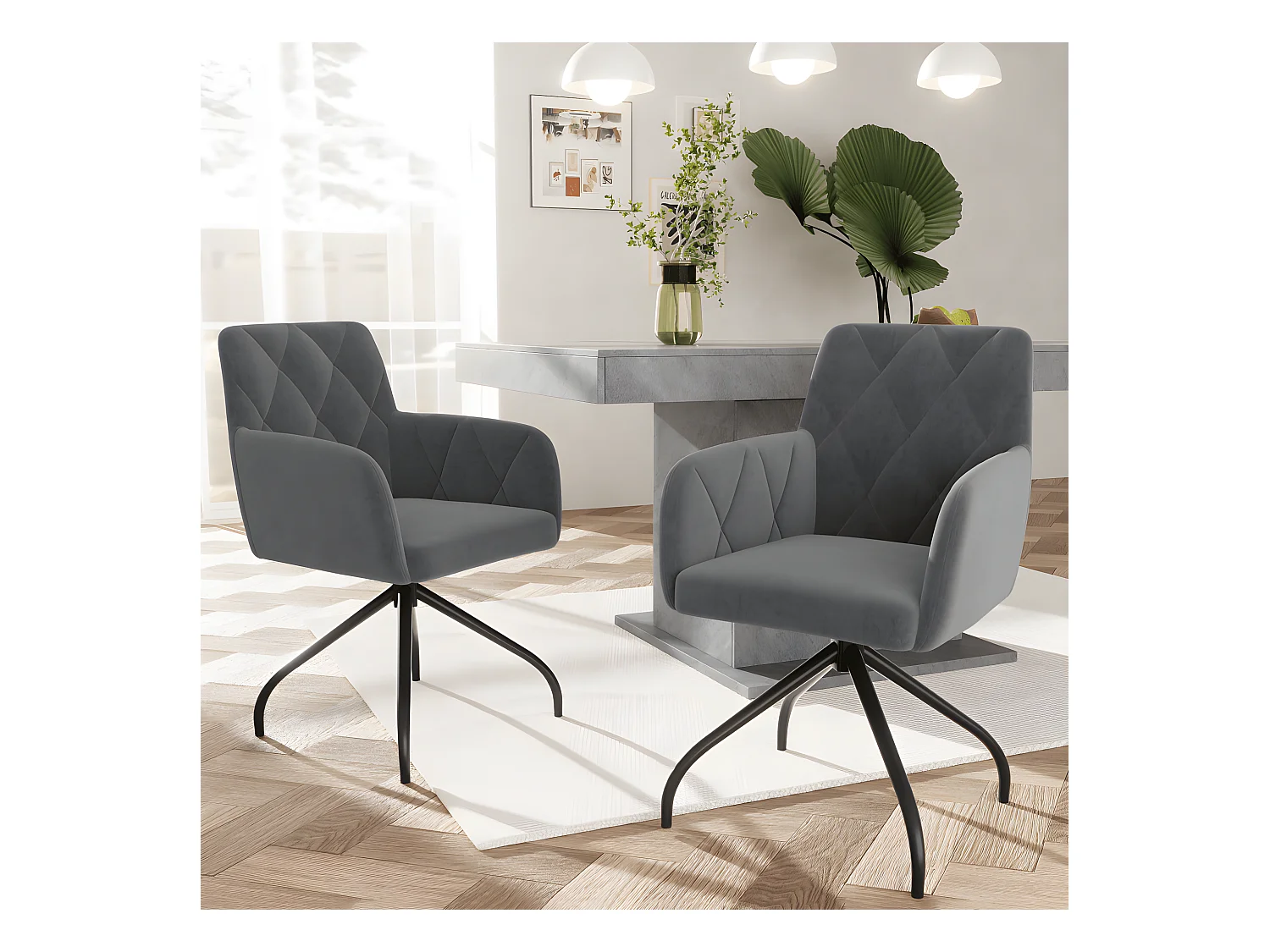 Lot de 6 chaises de salle à manger pivotantes à 360° avec motif diamant, fauteuils rembourrés, chaise de salon moderne, velours, gris anthracite