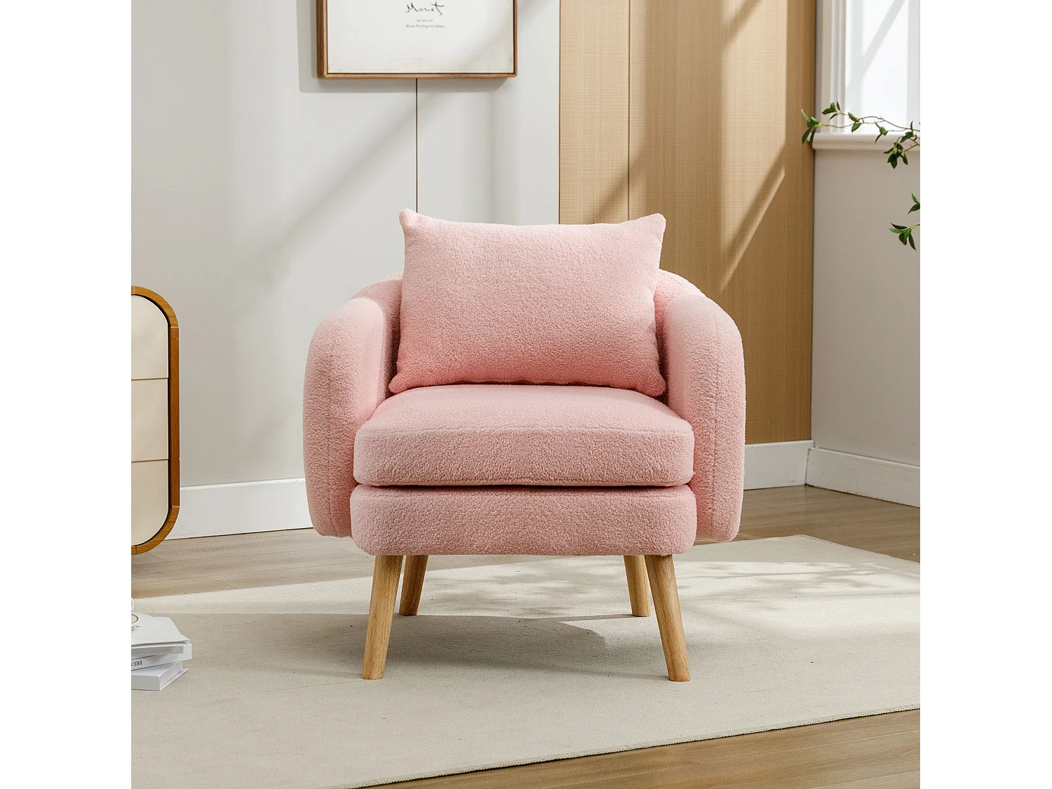 Einfacher moderner Sessel aus Teddy-Velours (mit Kissen),Sessel mit extra dickem Kissen,Einfacher Sofasessel,Füße aus Massivholz,Rosa