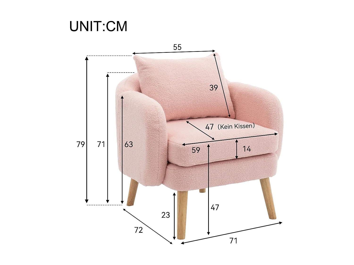 Einfacher moderner Sessel aus Teddy-Velours (mit Kissen),Sessel mit extra dickem Kissen,Einfacher Sofasessel,Füße aus Massivholz,Rosa