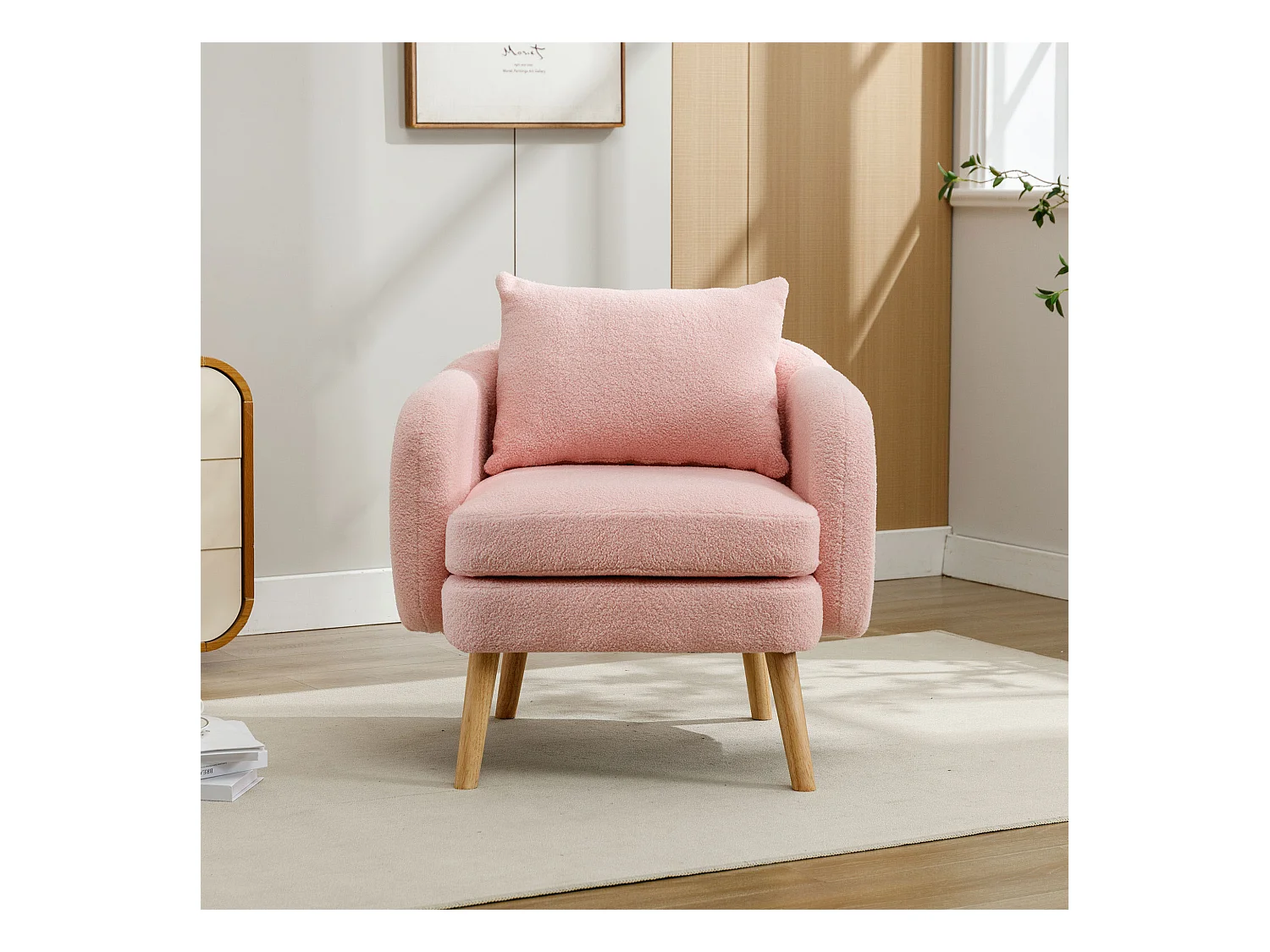 Fauteuil moderne simple en velours Teddy (avec coussin),Fauteuil à coussin super épais,Fauteuil de canapé simple,Pieds en bois massif,Rose