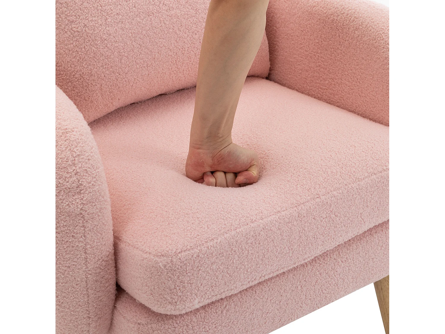 Einfacher moderner Sessel aus Teddy-Velours (mit Kissen),Sessel mit extra dickem Kissen,Einfacher Sofasessel,Füße aus Massivholz,Rosa