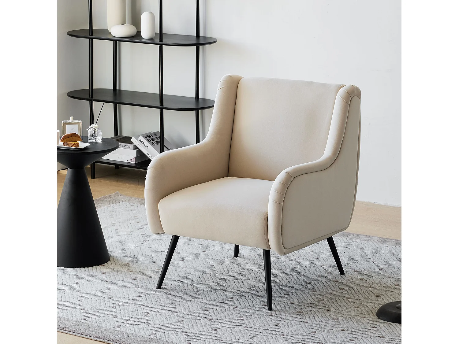 Fauteuil de salon de style moderne avec dossier haut, fauteuil en velours, lire fauteuil de canapé simple avec accoudoirs en métal