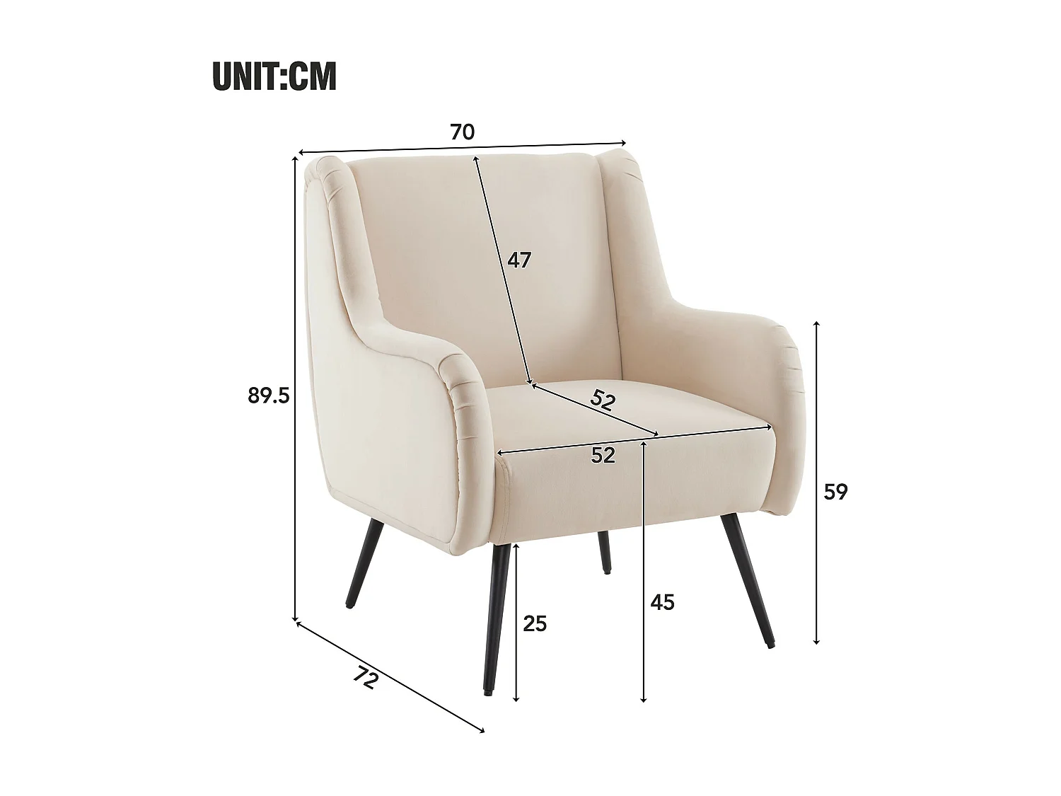 Fauteuil de salon de style moderne avec dossier haut, fauteuil en velours, lire fauteuil de canapé simple avec accoudoirs en métal