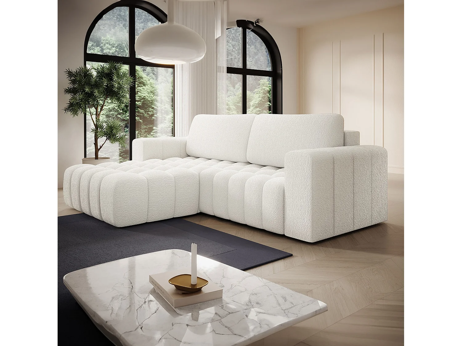 Canapé d'angle gauche convertible Clovis Bouclette Blanc