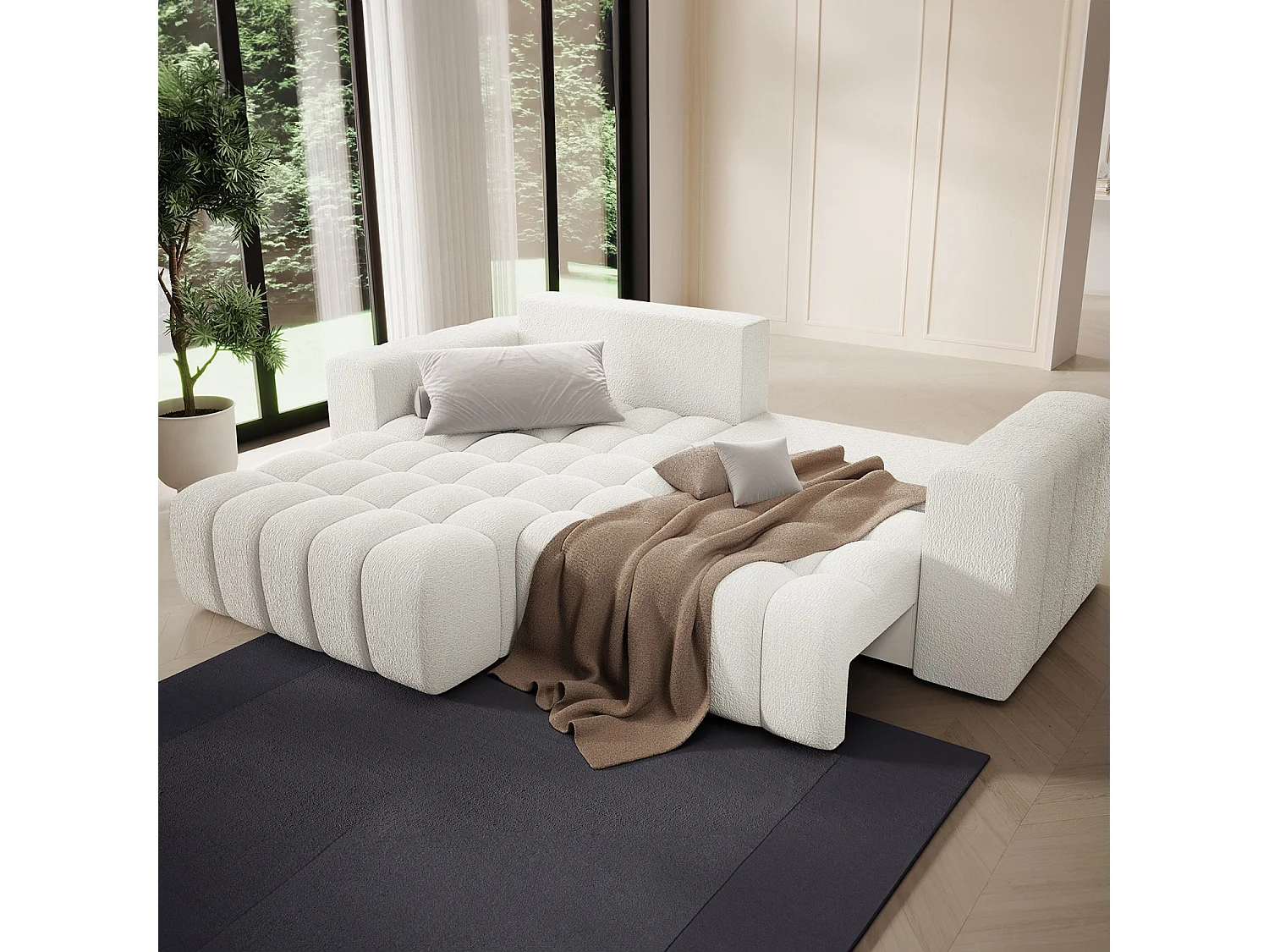 Canapé d'angle gauche convertible Clovis Bouclette Blanc