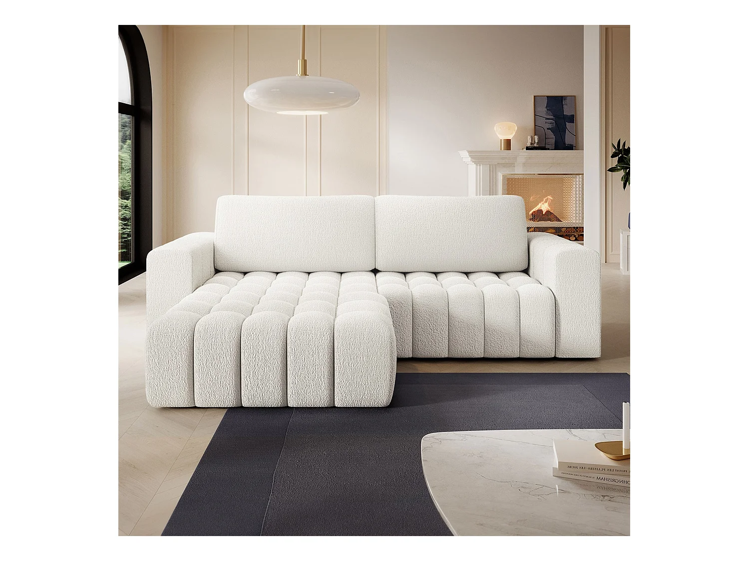 Canapé d'angle gauche convertible Clovis Bouclette Blanc