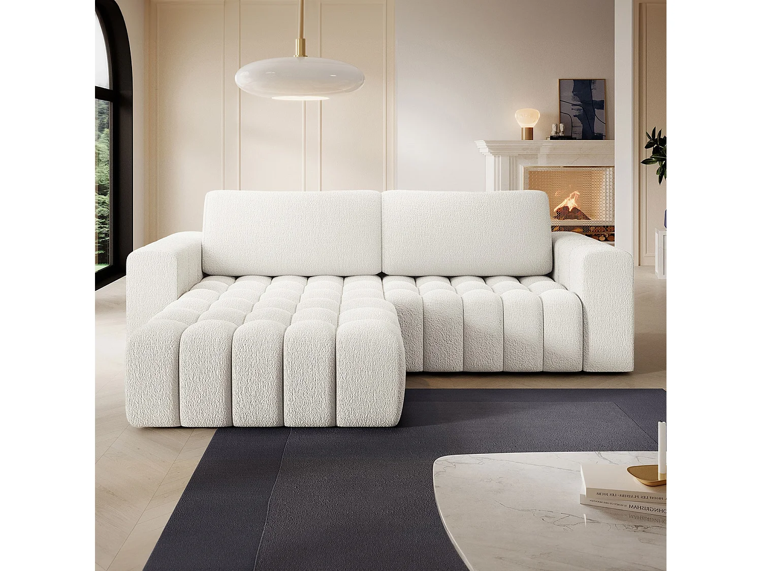 Canapé d'angle gauche convertible Clovis Bouclette Blanc