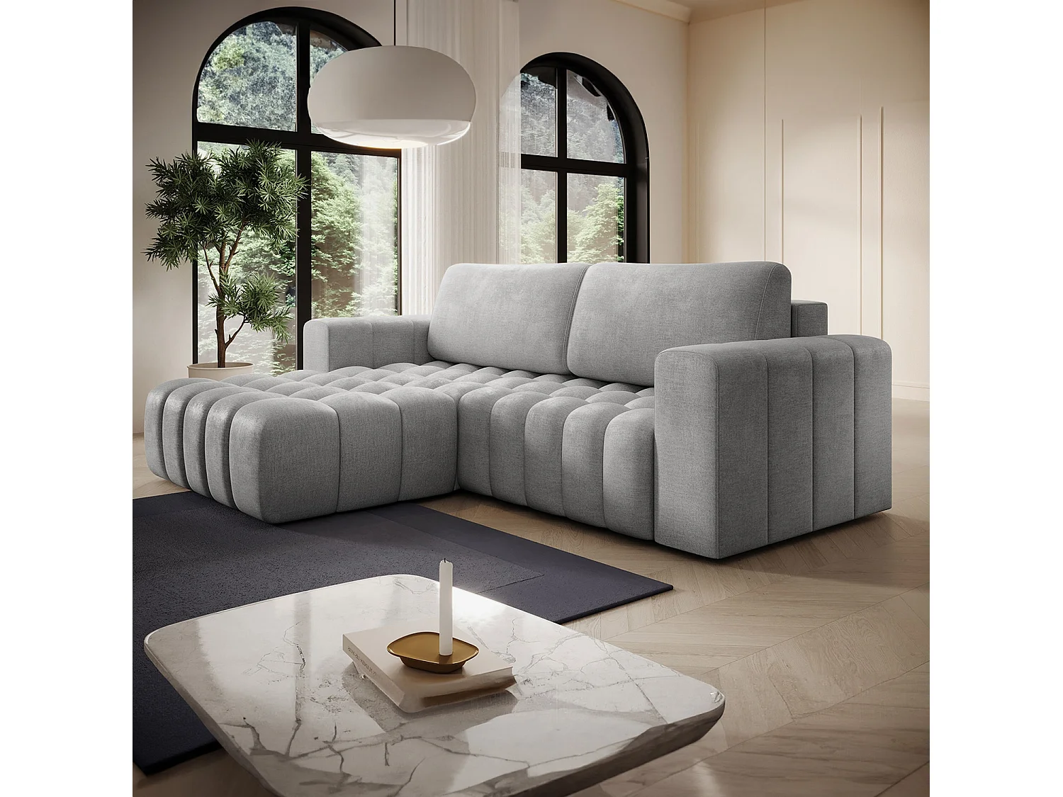 Canapé d'angle gauche convertible Clovis Velours Gris