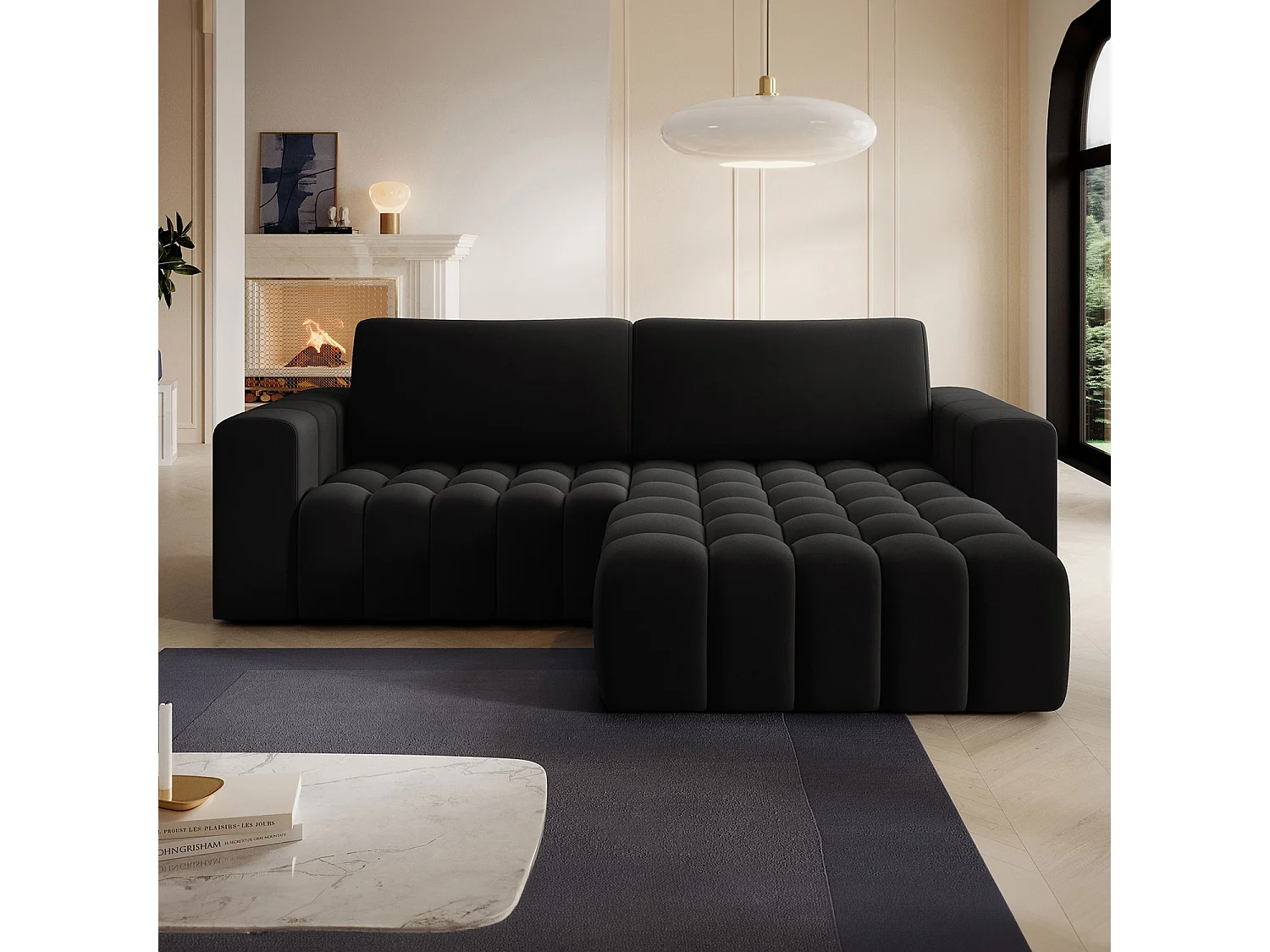 Canapé d'angle droit convertible Clovis Velours Noir