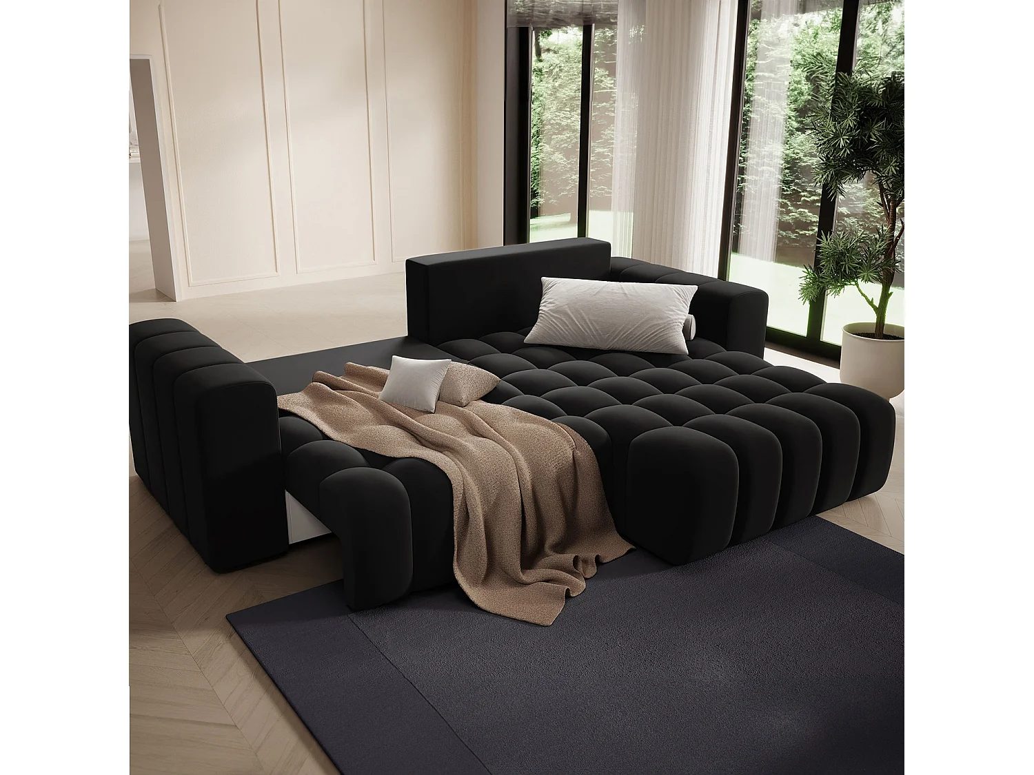 Canapé d'angle droit convertible Clovis Velours Noir