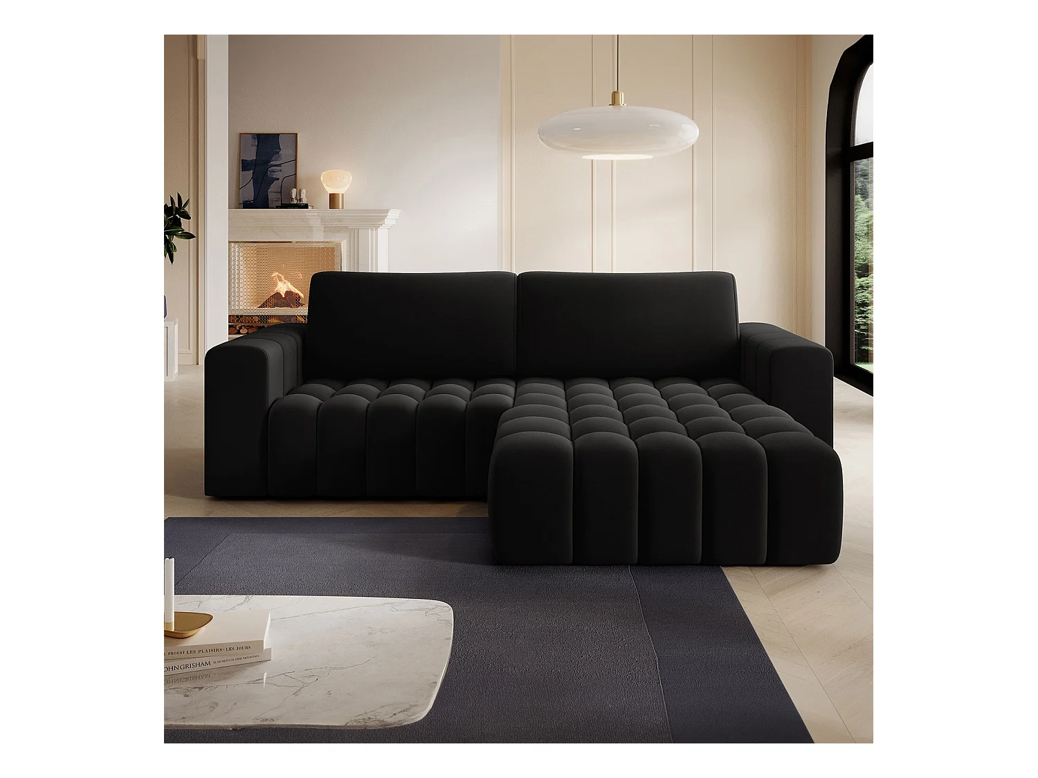 Canapé d'angle droit convertible Clovis Velours Noir