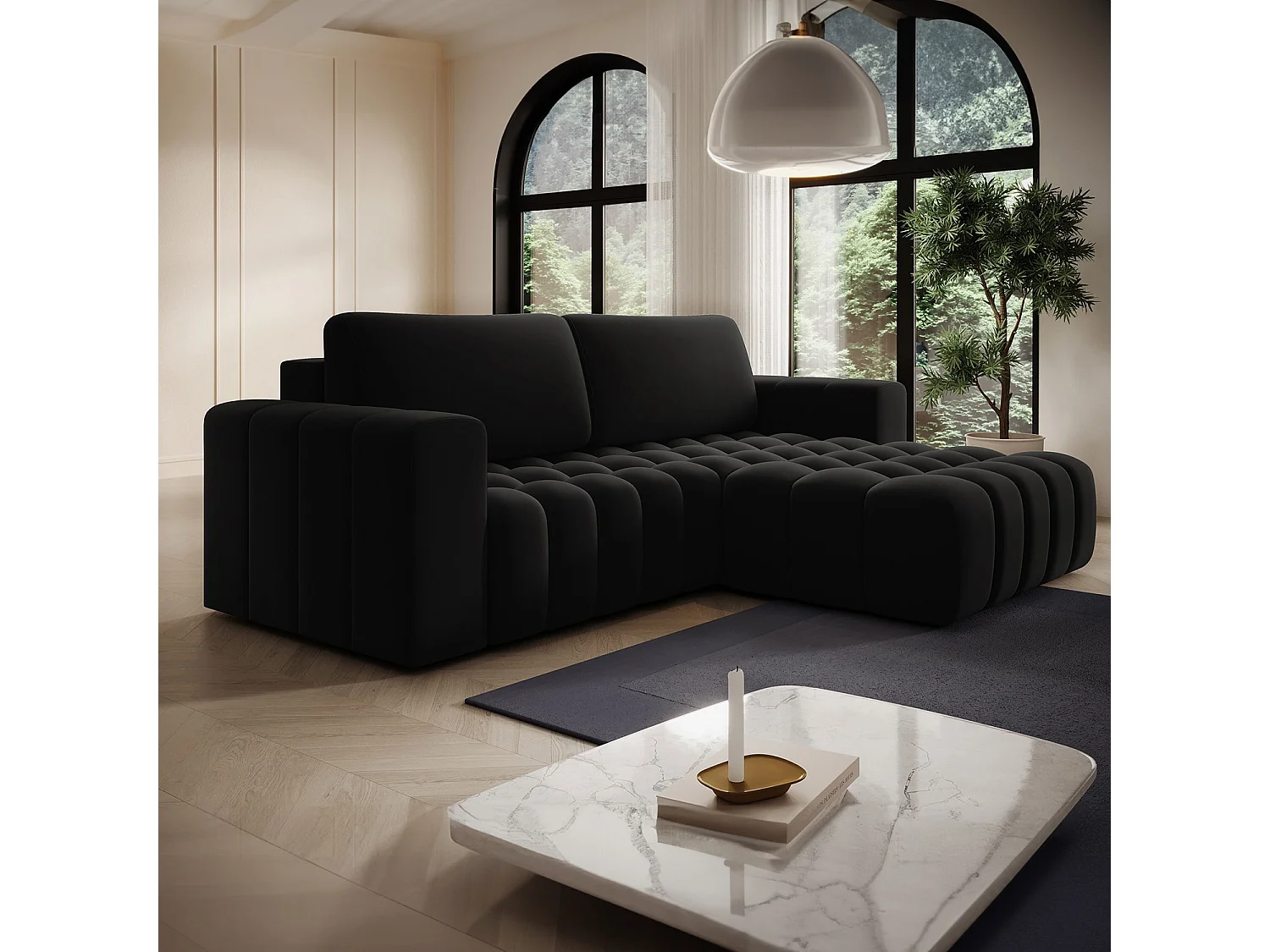 Canapé d'angle droit convertible Clovis Velours Noir