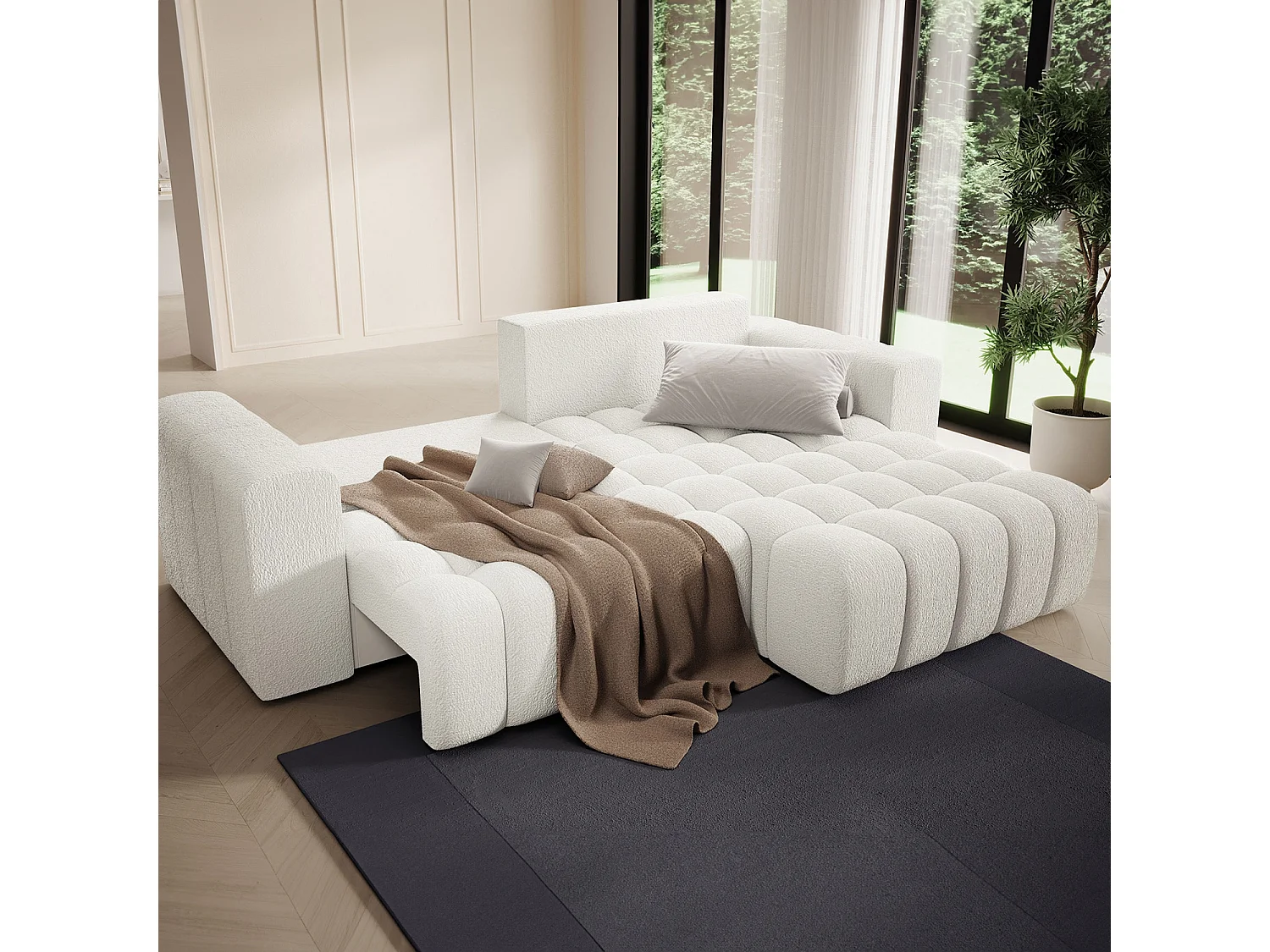 Canapé d'angle droit convertible Clovis Bouclette Blanc