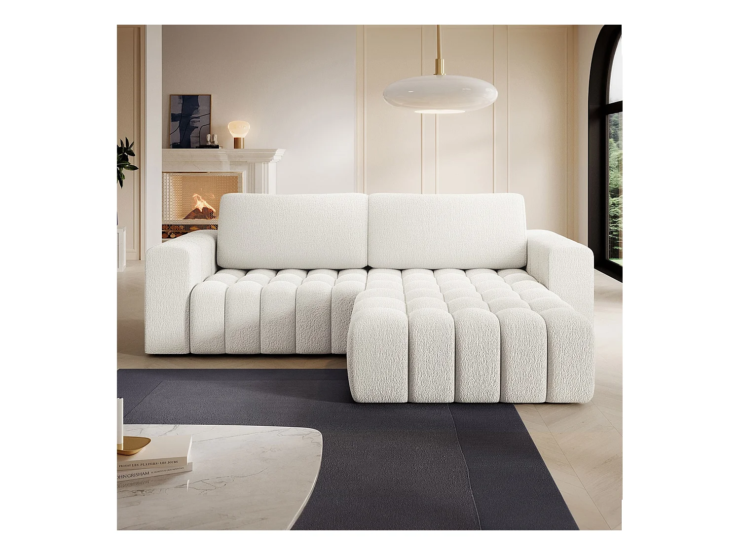 Canapé d'angle droit convertible Clovis Bouclette Blanc