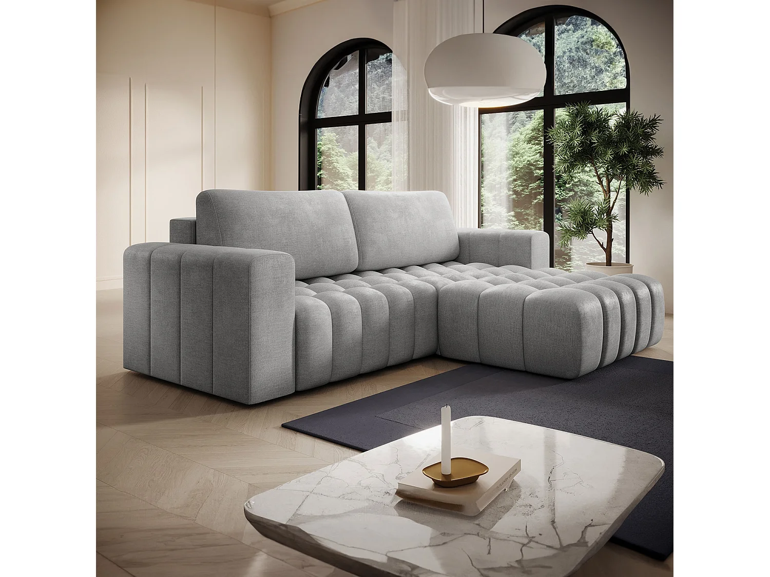 Canapé d'angle droit convertible Clovis Velours Gris