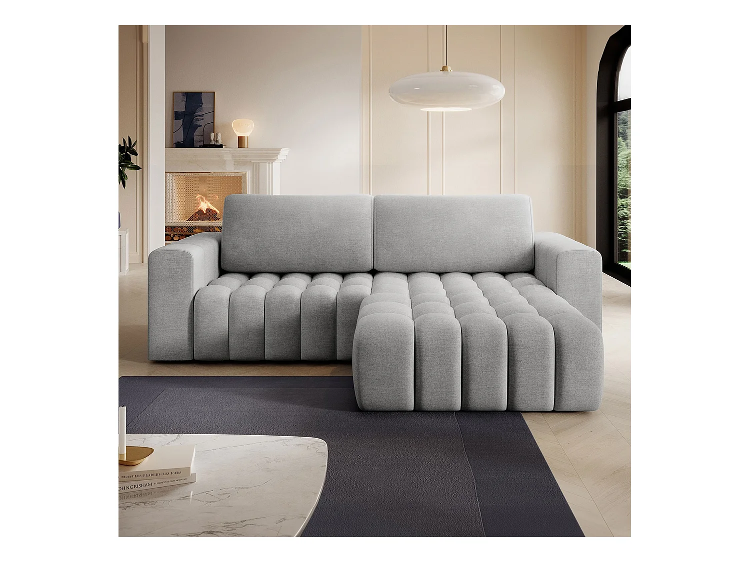 Canapé d'angle droit convertible Clovis Velours Gris