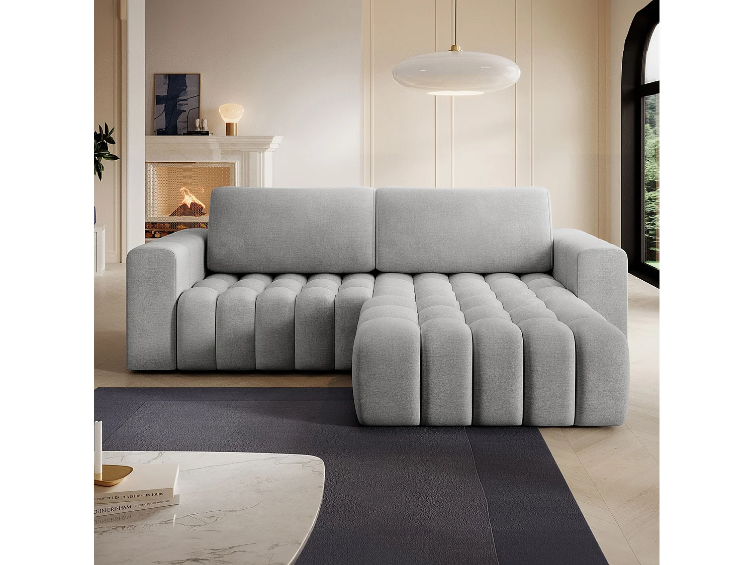 Canapé d'angle droit convertible Clovis Velours Gris