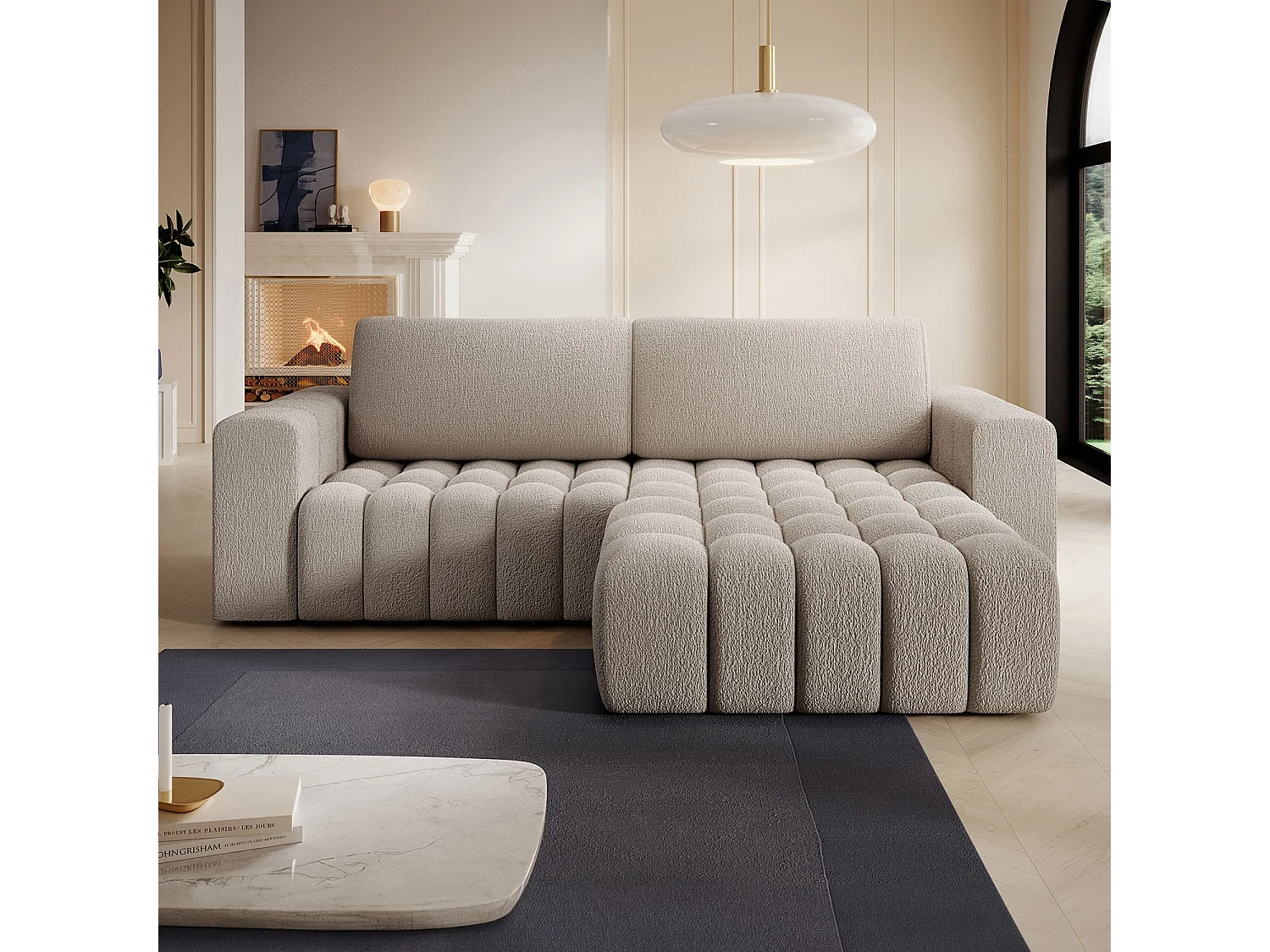 Canapé d'angle droit convertible Clovis Bouclette Beige