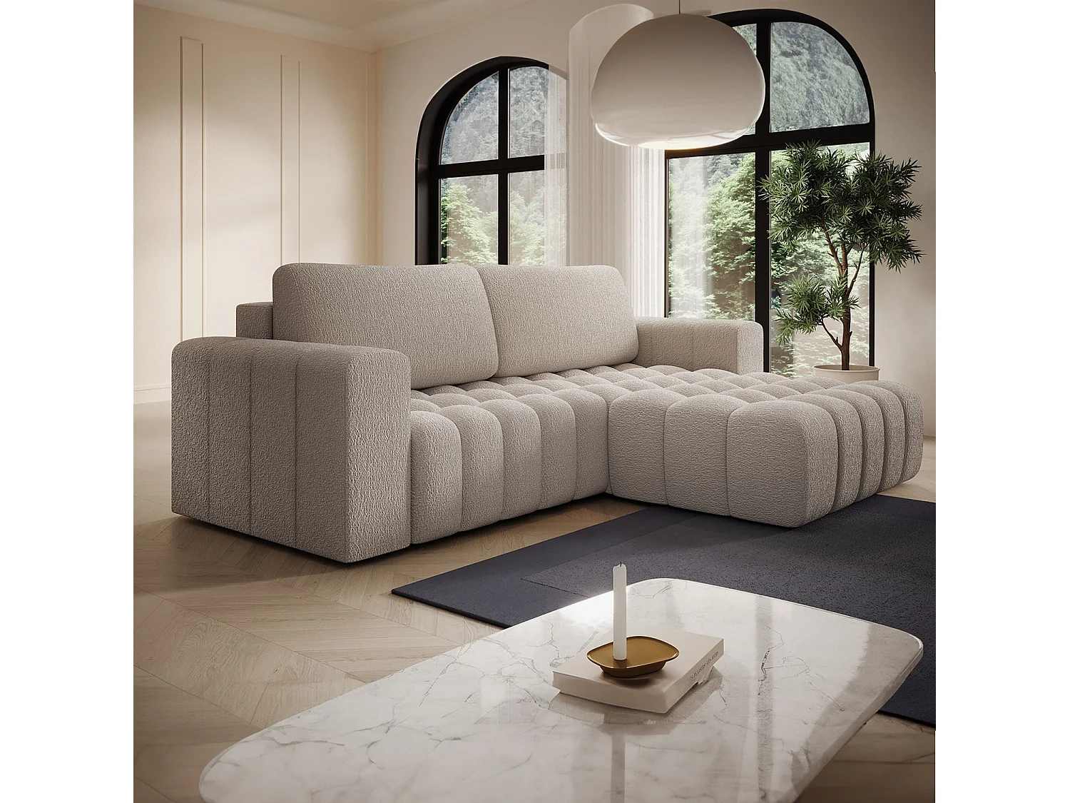 Canapé d'angle droit convertible Clovis Bouclette Beige