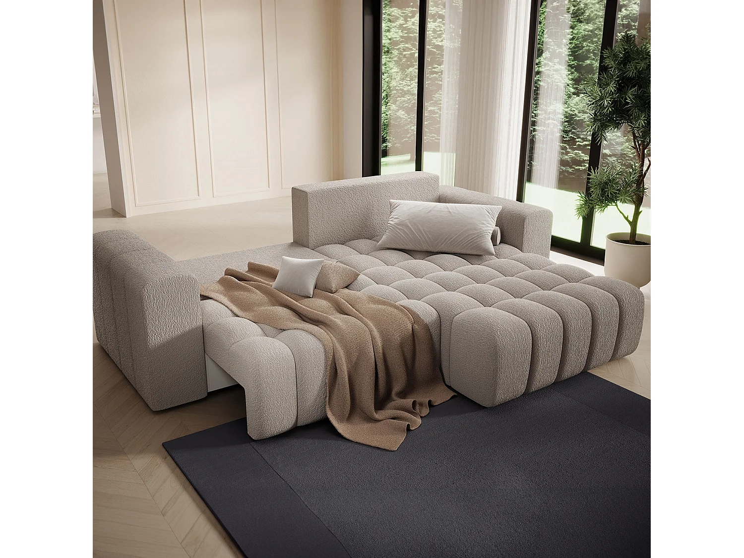 Canapé d'angle droit convertible Clovis Bouclette Beige