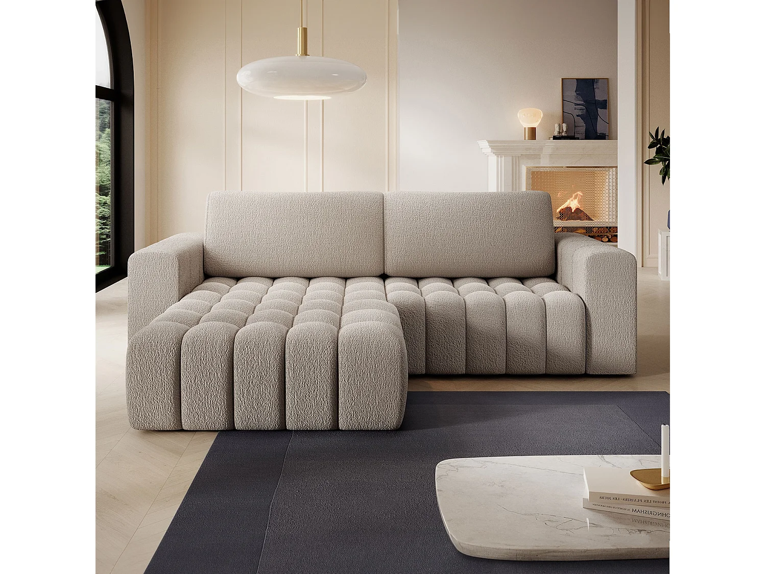 Canapé d'angle gauche convertible Clovis Bouclette Beige