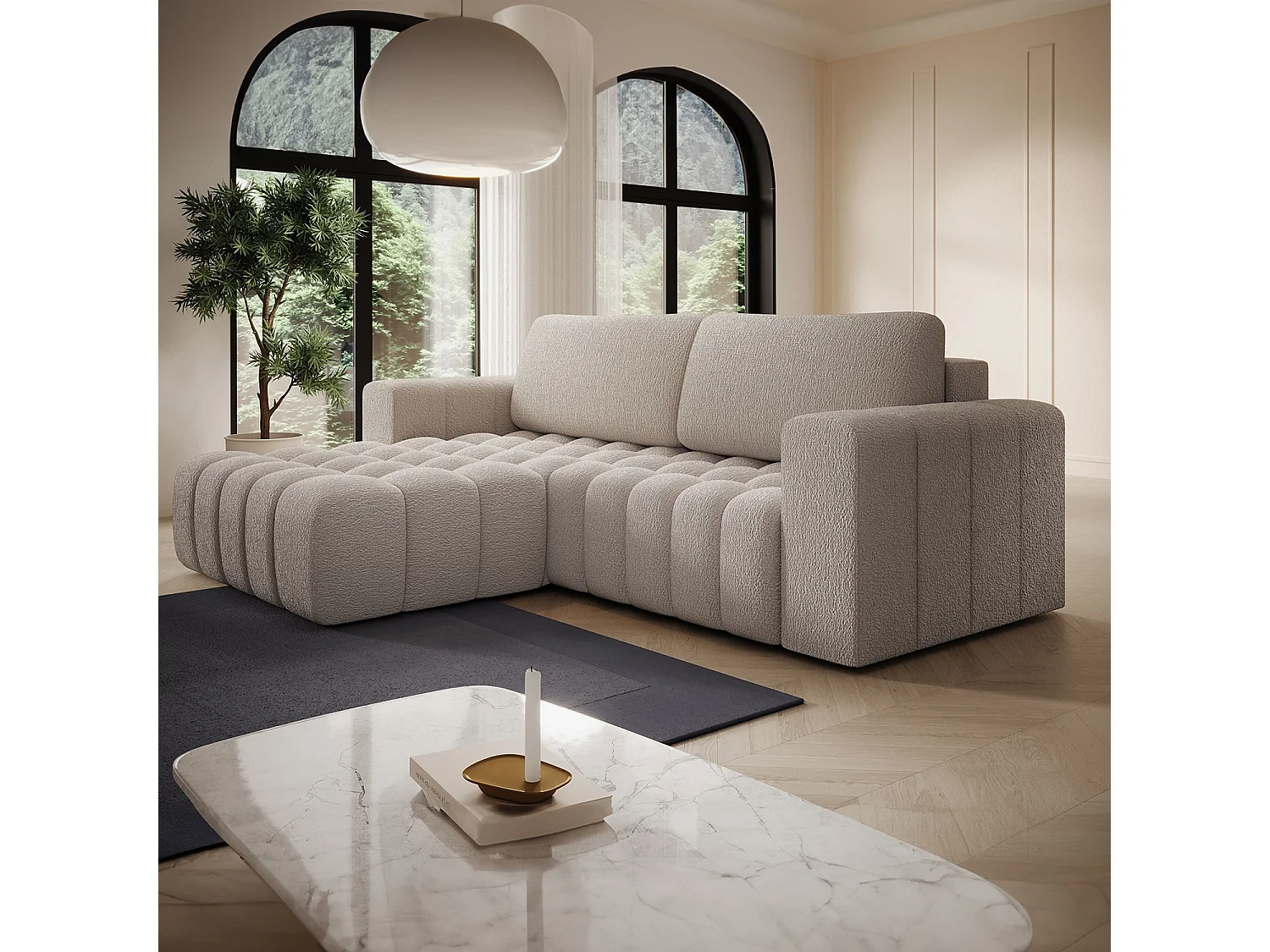 Canapé d'angle gauche convertible Clovis Bouclette Beige