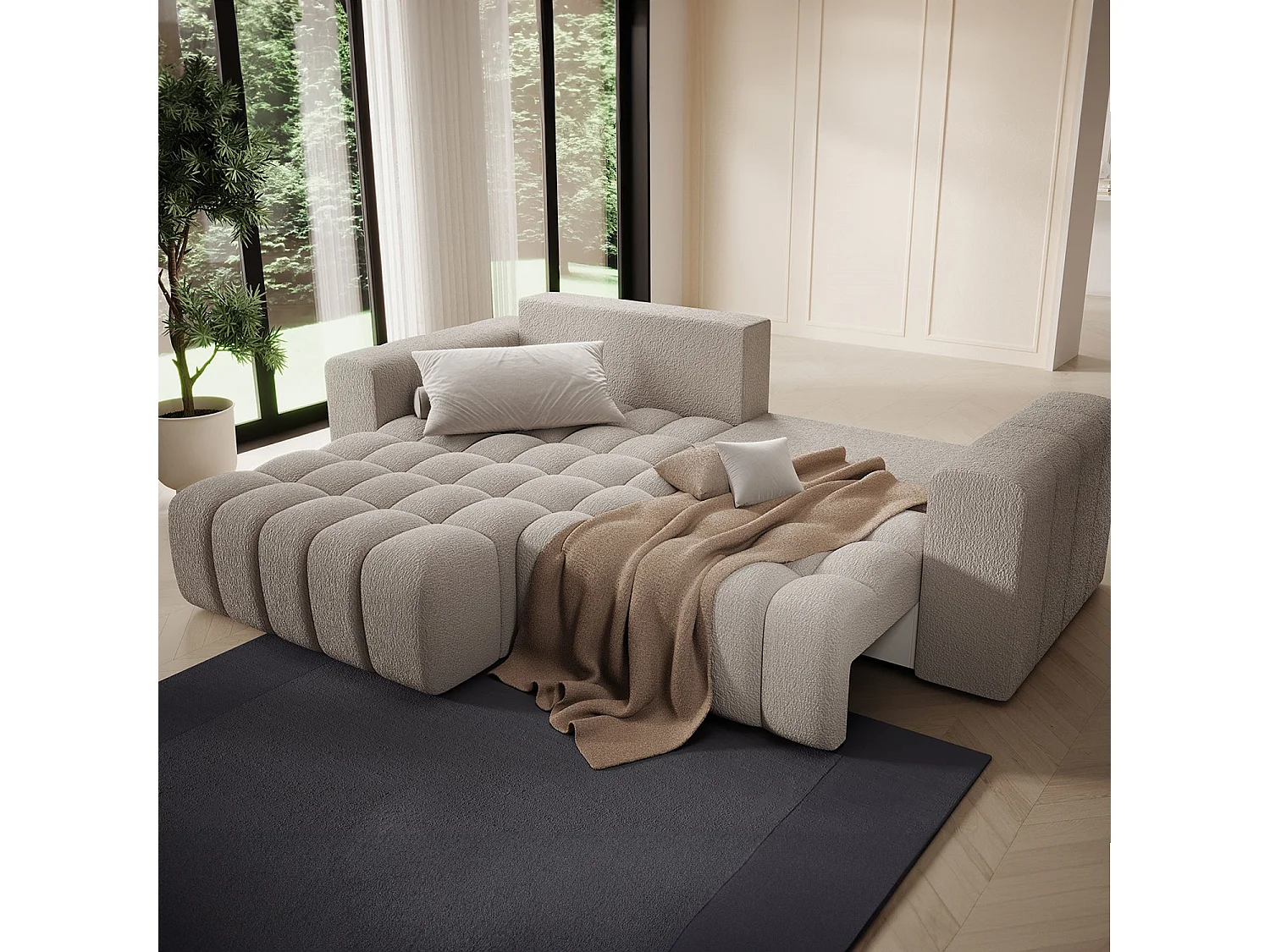 Canapé d'angle gauche convertible Clovis Bouclette Beige