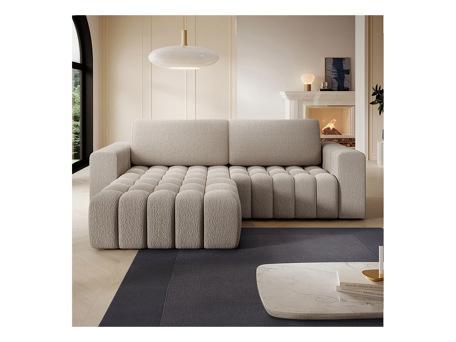 Canapé d'angle gauche convertible Clovis Bouclette Beige