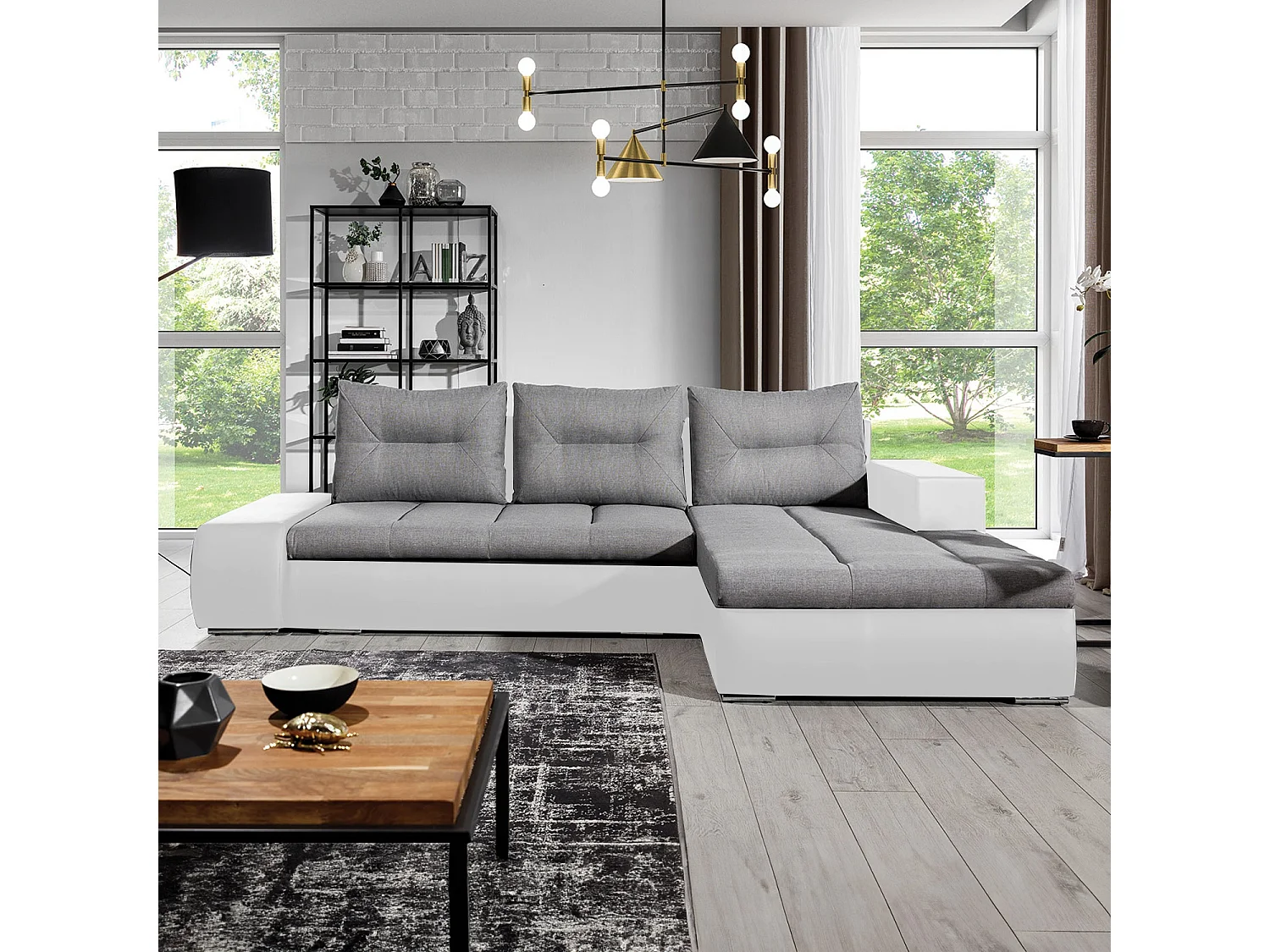 Canapé d'angle droit convertible Santiago Gris et Blanc